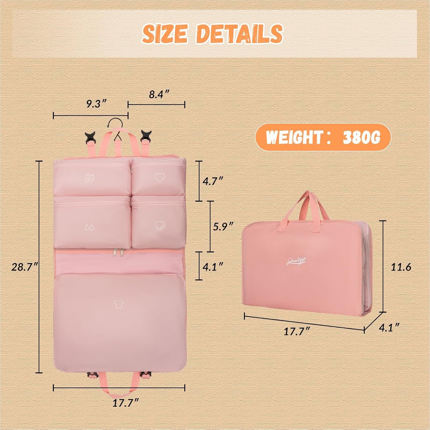 Manufacturer Hanging Packing Cubes, Private Label Garment Bags for Travel and Storage, Travel Apparel Bags for Men Women with 5 Solid Color Pockets, Custom Logo Storage for Clothes Socks Underwear Carry on Suitcase (Pink)