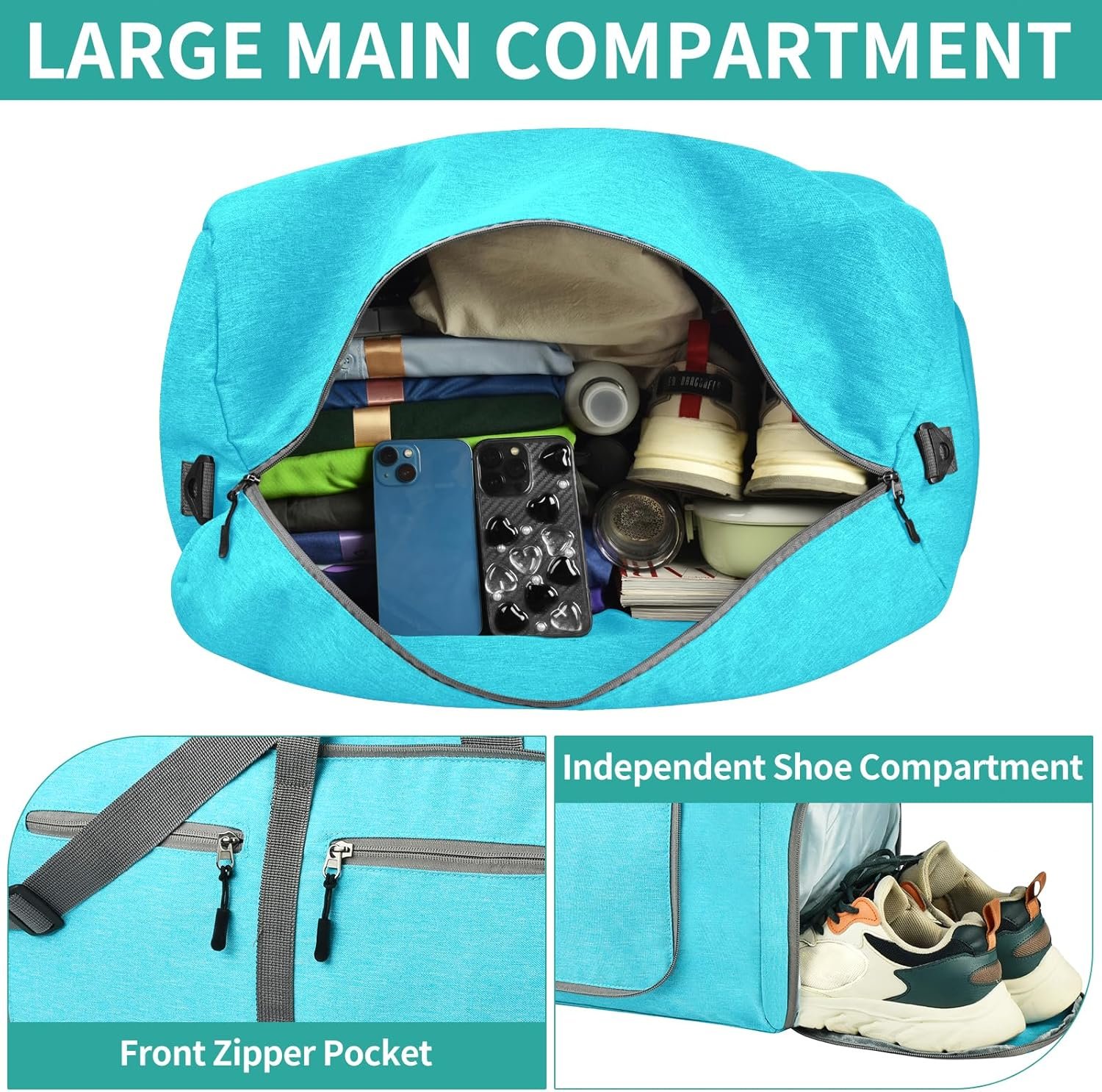 Custom Logo 40L Travel Duffel Bag - Private Label Foldable with Shoes Compartment for Men & Women Waterproof & Tear Resistant - Overnight Bag Mint Green Factory