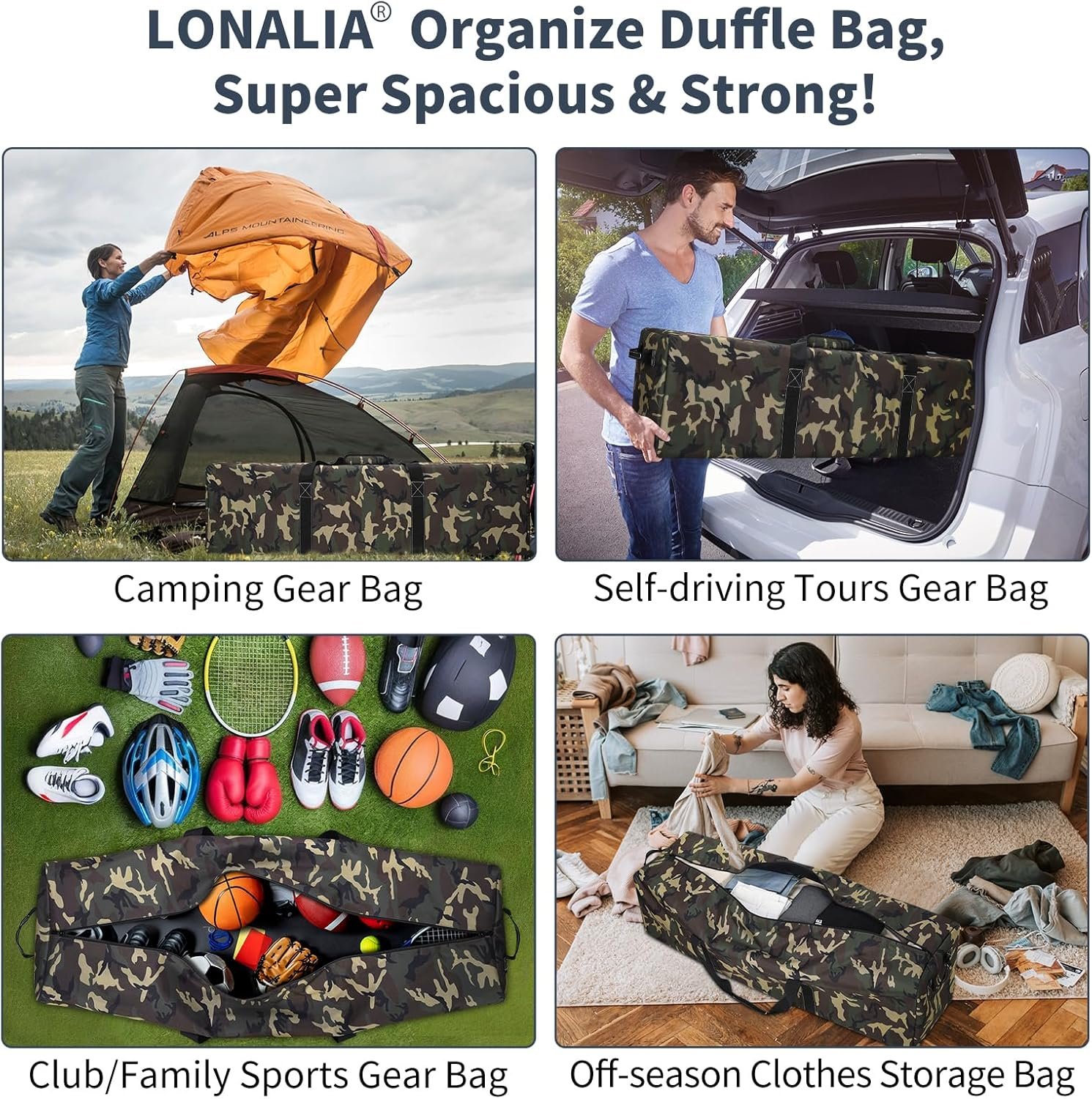 Manufacturer 48 Inch 165L Extra Large Heavy Duty Duffel Bag with Custom Logo for Travel Camping Sports Equipment Storage with 2 Side Handles Camo Private Label Manufacturer 48 Inch 165L Extra Large Heavy Duty Duffel Bag with Custom Logo for Travel Camping Sports Equipment Storage with 2 Side Handles Camo Private Label