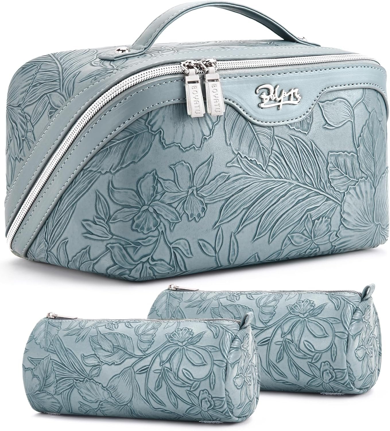 Private Label 3 Pcs Large Capacity Travel Makeup Bags Floral Cosmetic Organizer Manufacturer with Compartments Waterproof Leather Toiletry Bag with Handle Custom Logo for Women (01-Light Blue)