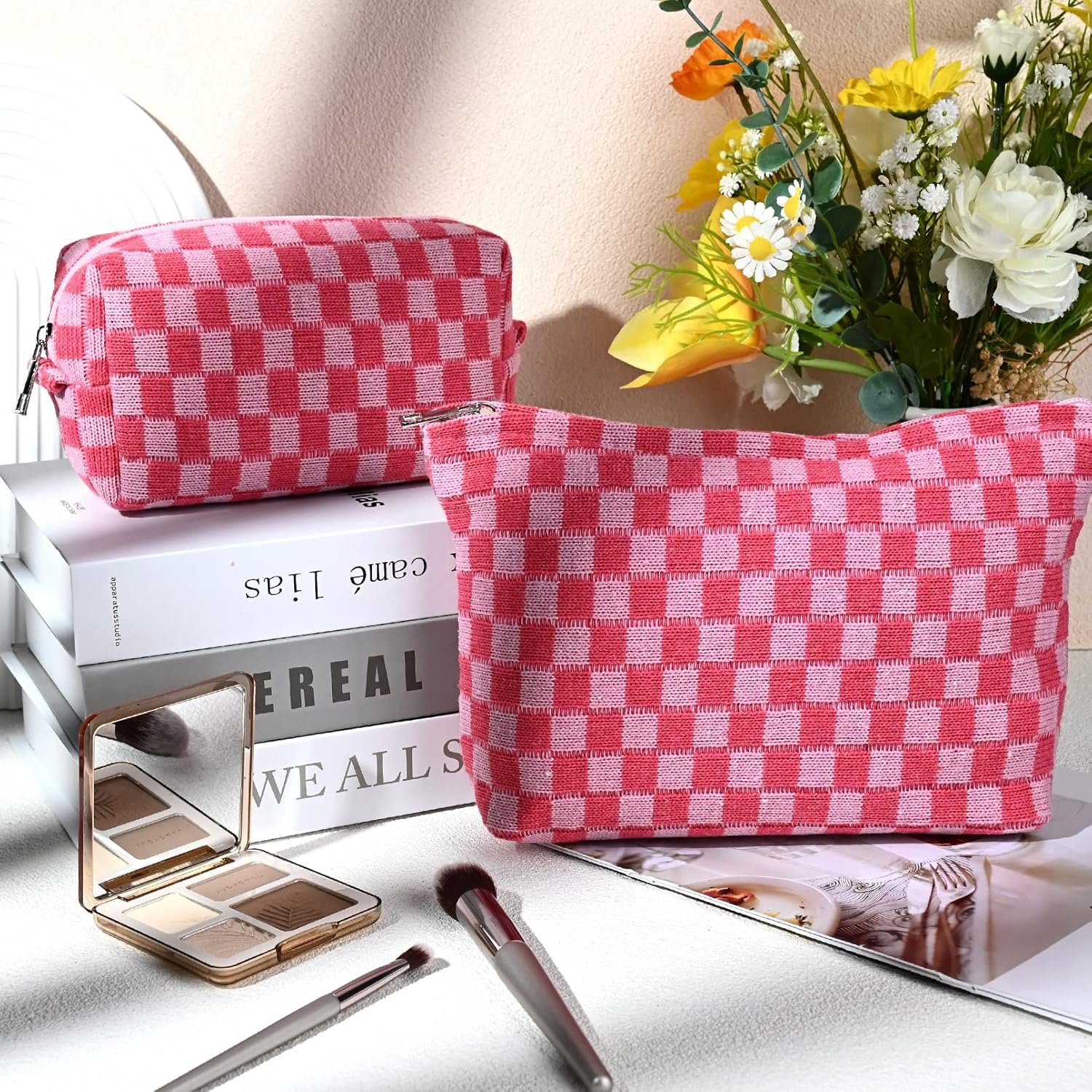 Custom Logo 2 Pieces Large Checkered Cosmetic Makeup Bag Canvas Travel Toiletry Organizer Private Label for Women Rose Red Manufacturer