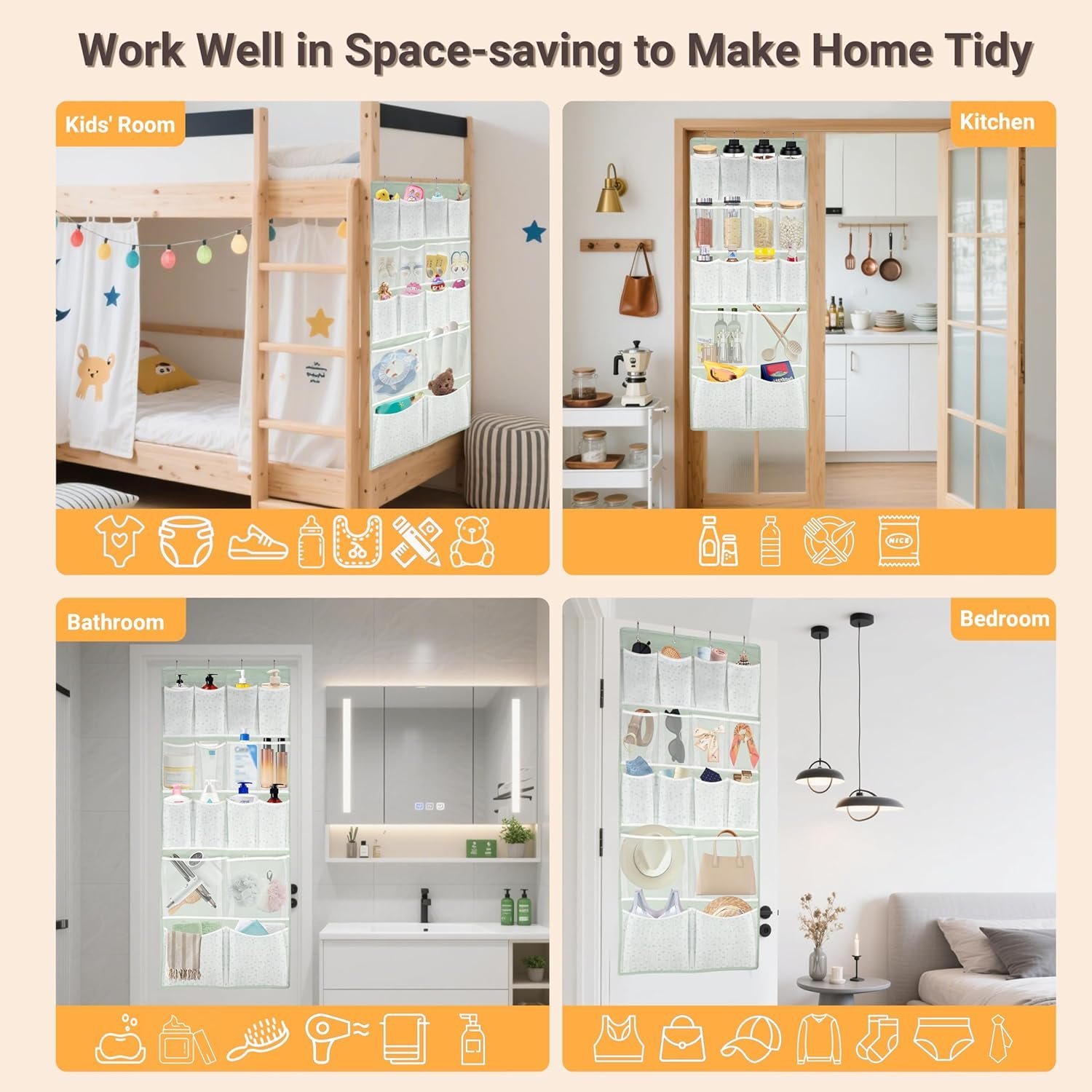 Custom Logo 16 Pockets Over Door Hanging Organizer Private Label Back of Door Shoes Organizer with 4 Kinds of Pouches Factory Closet Hanging Shelf Holder for Socks Hats Underwear Travel Outfits Home Dorm RV Storage