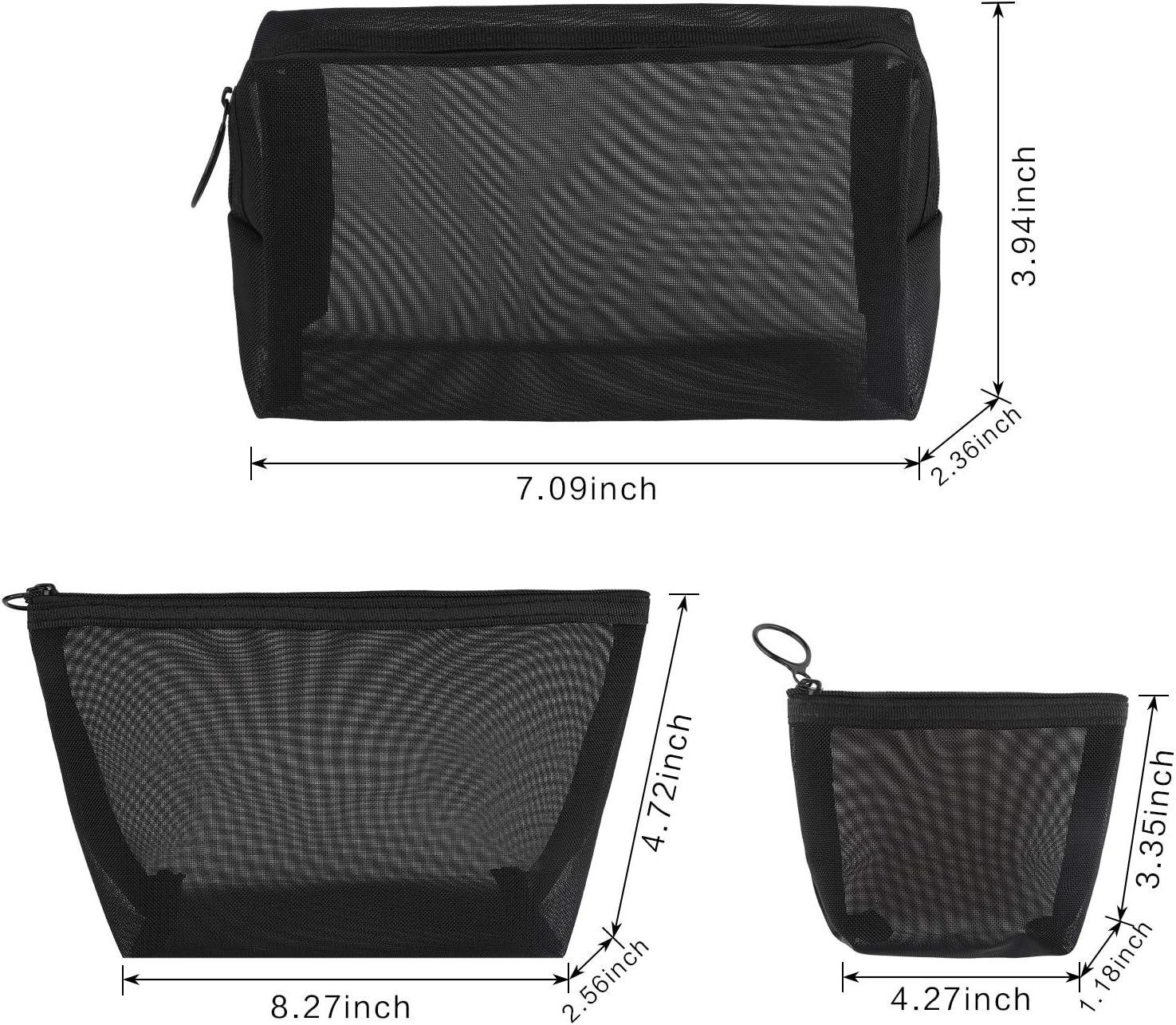 Manufacturer 3 Piece Mesh Cosmetic Makeup Bags with Zipper Pouch Custom Logo Travel Toiletry for Makeup Organizer Home Office Private Label Accessories Black