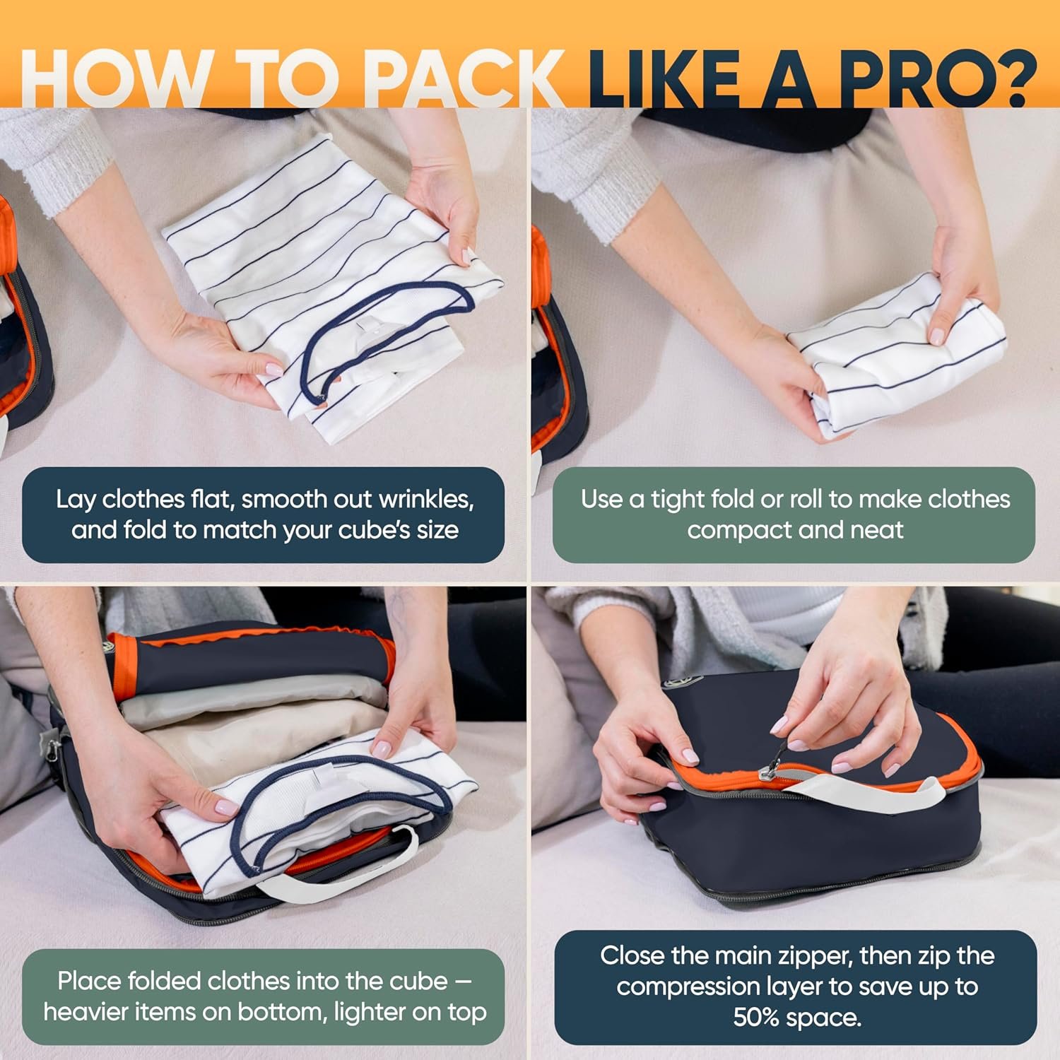 Manufacturer of Large Compression Packing Cubes for Travel - Private Label Packing Cube Luggage Organizers 7 Piece Set for Checked Luggage - Ultralight Expandable Compression Bags with Custom Logo (Grey/Orange)