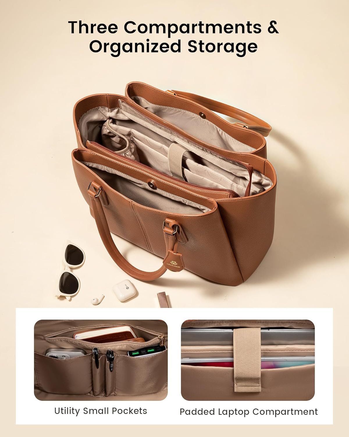 Private Label Womens 15.6 Inch Laptop Tote Bag Custom Logo Work Bag with Triple Compartments Large Faux Leather Computer Office Briefcase Manufacturer