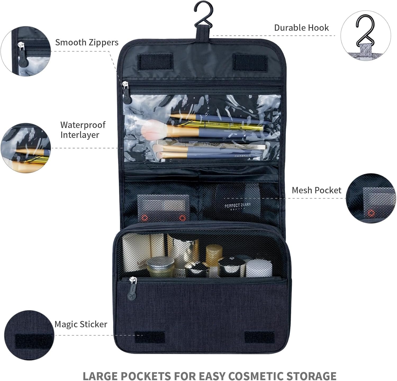 Manufacturer Large Capacity Toiletry Bag with Hanging Hook for Men and Women Private Label Waterproof Travel Cosmetic Bag Custom Logo Bathroom Storage for Brushes Full-Sized Shampoo Toiletries Accessories Black