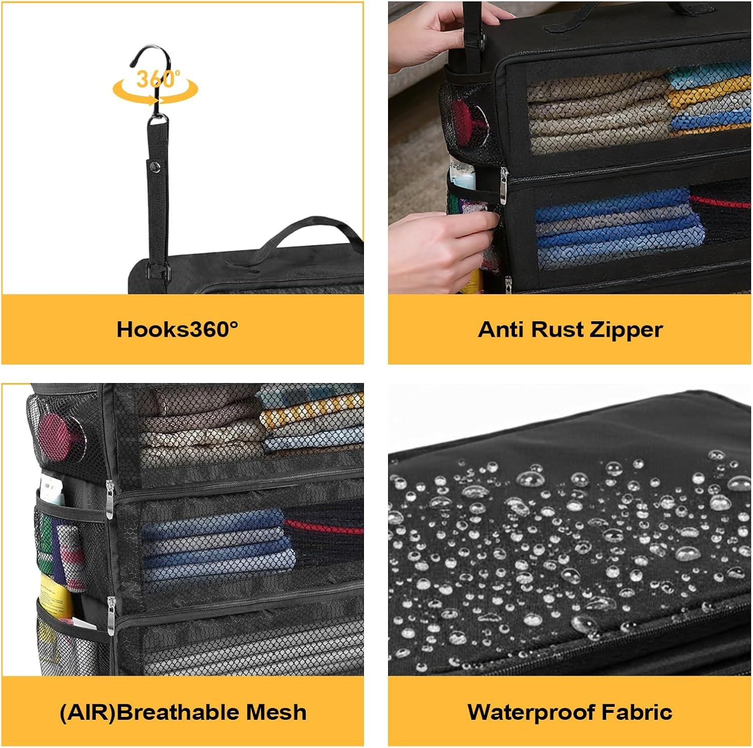 Factory Portable Hanging Collapsible Packing Cubes Suitcase Travel Organizer for Carry-On Luggage Private Label with 5 Medium Vacuum Storage Bags Hand Pump Custom Logo Black