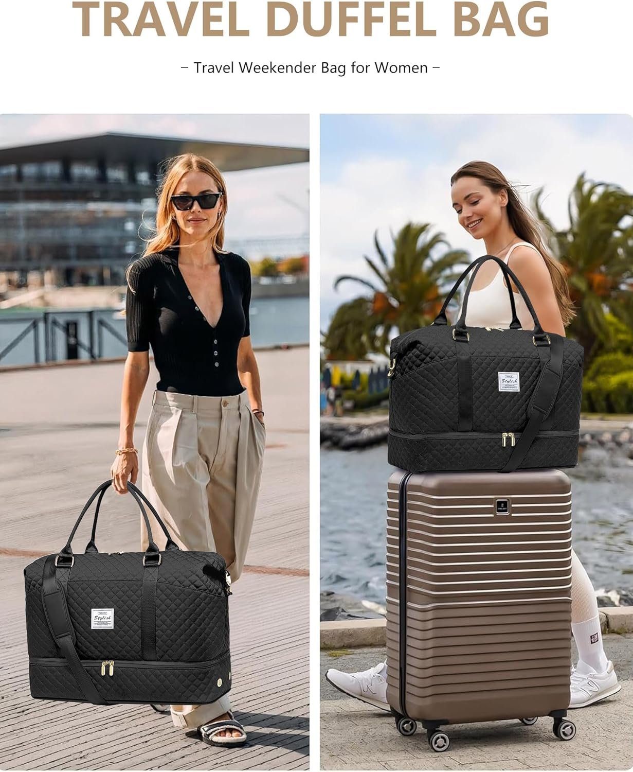 Private Label Womens Large Weekender Travel Duffel Overnight Bags with Shoe Compartment Carry On Tote Toiletry Gym Yoga Weekend Wet Pocket Custom Logo Hospital Labor Delivery Manufacturer Black