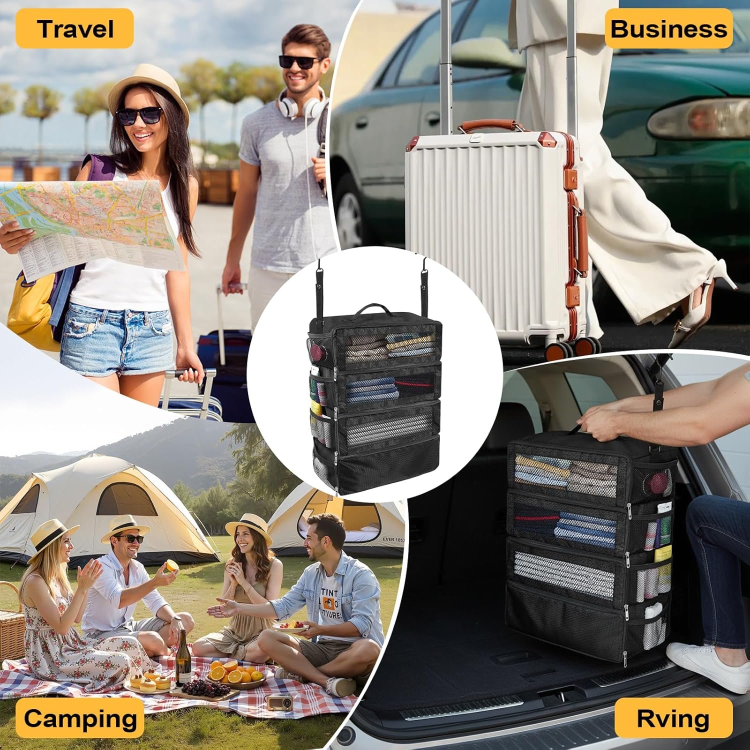 Factory Portable Hanging Collapsible Packing Cubes Suitcase Travel Organizer for Carry-On Luggage Private Label with 5 Medium Vacuum Storage Bags Hand Pump Custom Logo Black