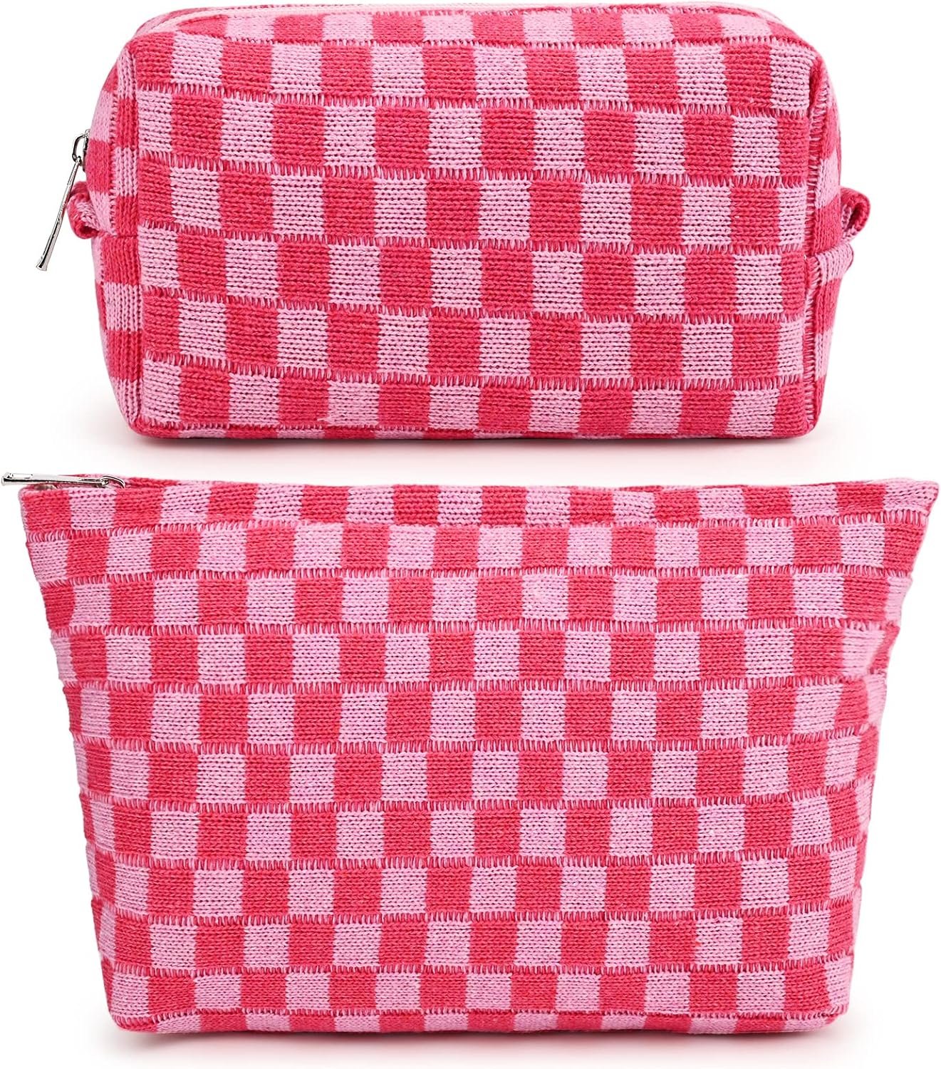 Custom Logo 2 Pieces Large Checkered Cosmetic Makeup Bag Canvas Travel Toiletry Organizer Private Label for Women Rose Red Manufacturer