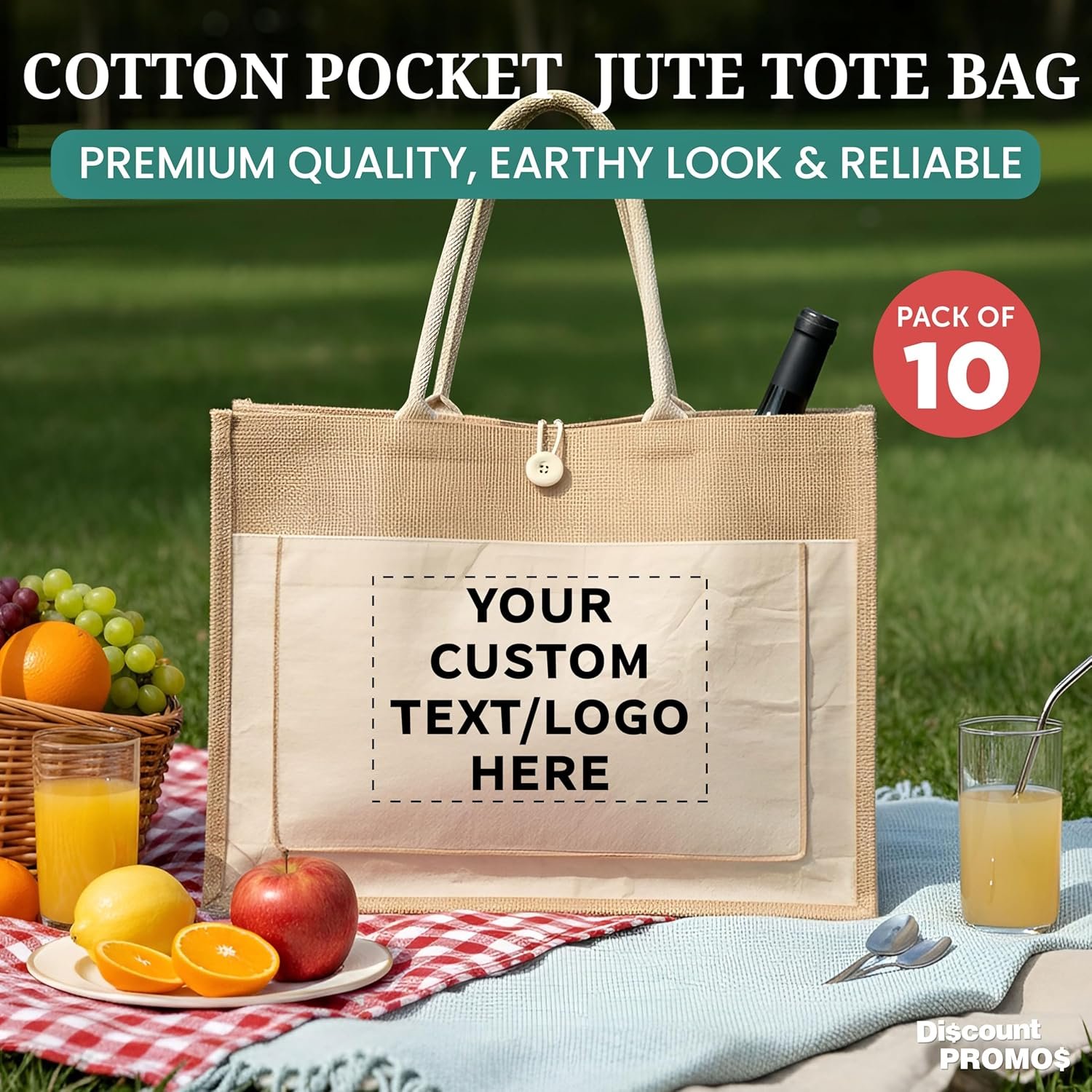 Custom Logo Jute Tote Bags with Cotton Pocket Set of 10 Private Label Bulk Pack from Manufacturer Reusable Natural for Picnic Camping Beach Outdoor Activities