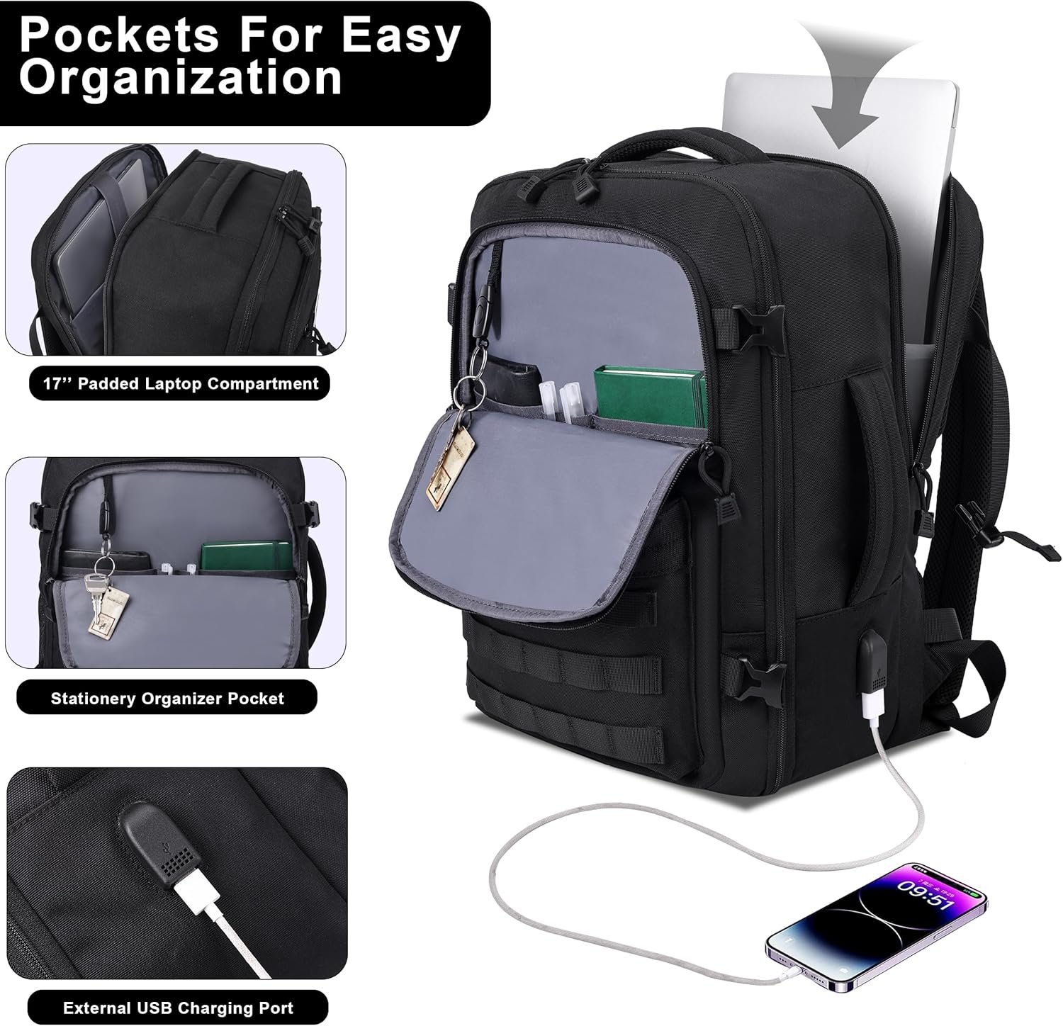 Private Label Extra Large TSA Approved Carry On Backpack, Manufacturer Tactical Travel Backpack for Men, Airplane Approved Water Resistant Lightweight Laptop Weekender Bag with Custom Logo, Black