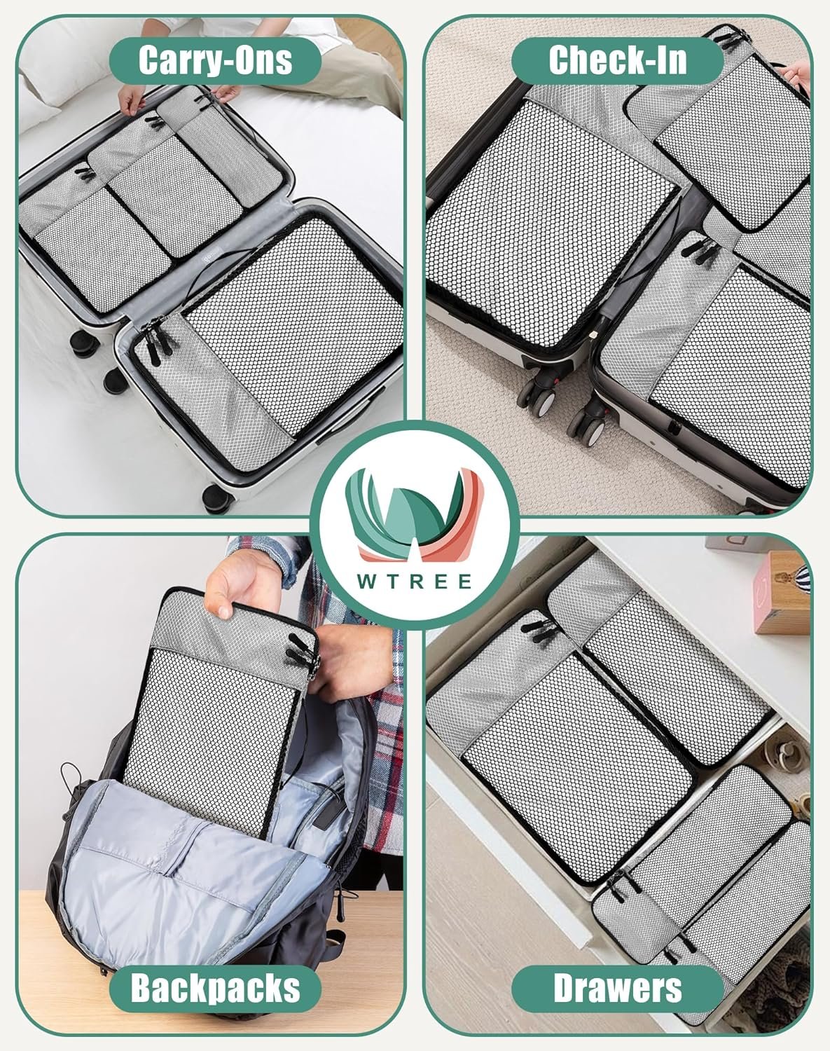 Manufacturer of 4-Piece Packing Cubes - Private Label Luggage Organizer Bags with Double Zipper Mesh Top for Suitcases - Custom Logo Small/Medium/Large/Slim - Grey
