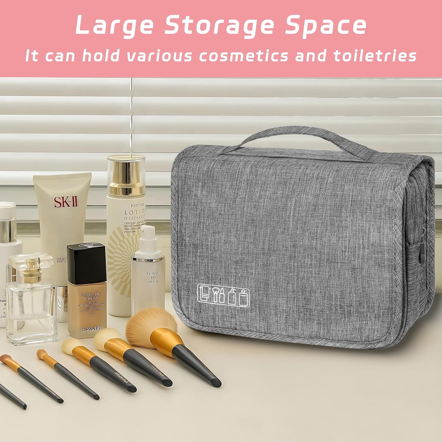 Custom Logo Hanging Toiletry Travel Bag with Hook Waterproof Shower Bathroom Organizer for Men Women, Private Label Small Multifunctional Makeup Cosmetic Bag, Manufacturer Portable Toiletries Organizer (Grey)