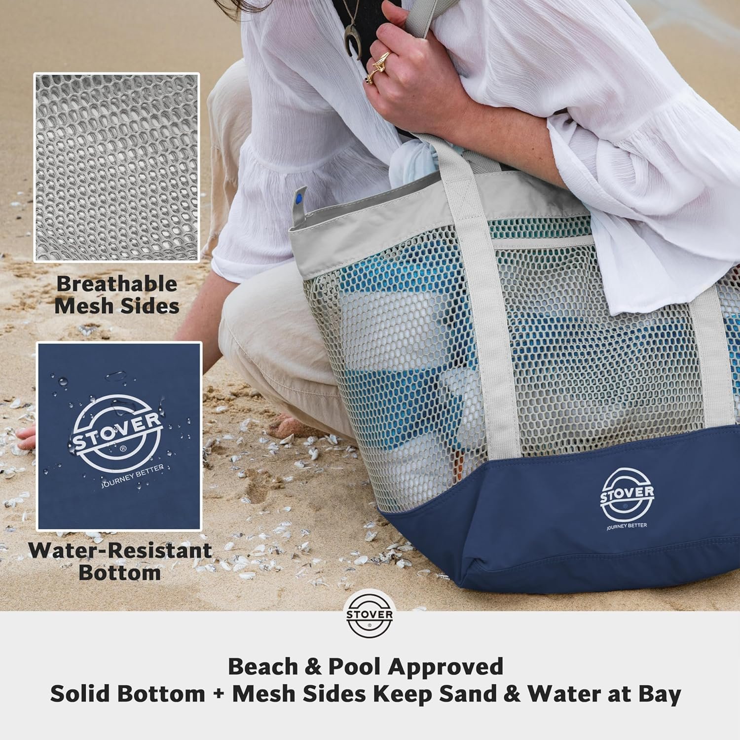 Private Label Extra Large Mesh Beach Bag with Custom Logo for Vacation Pool Shopping Travel Foldable Tote with Storage Pouch Pockets Manufacturer for Women Men