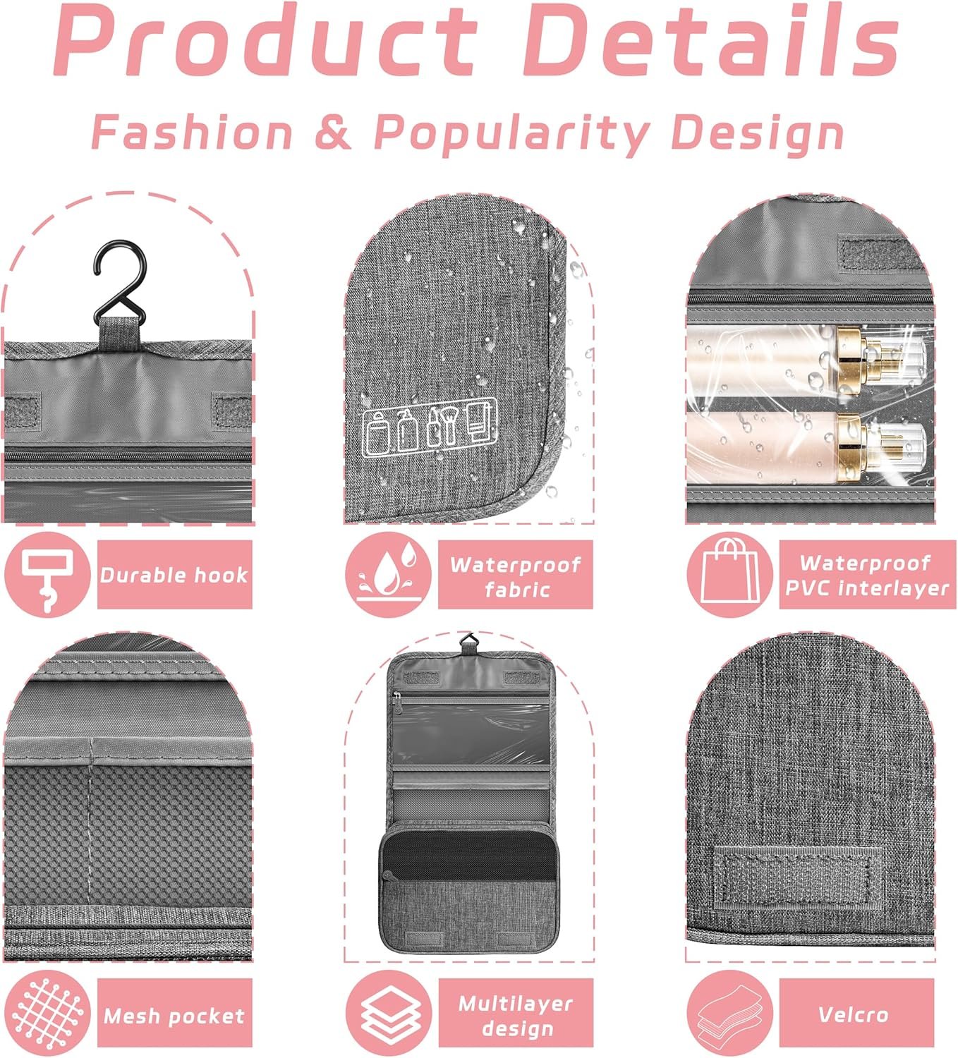 Custom Logo Hanging Toiletry Travel Bag with Hook Waterproof Shower Bathroom Organizer for Men Women, Private Label Small Multifunctional Makeup Cosmetic Bag, Manufacturer Portable Toiletries Organizer (Grey)