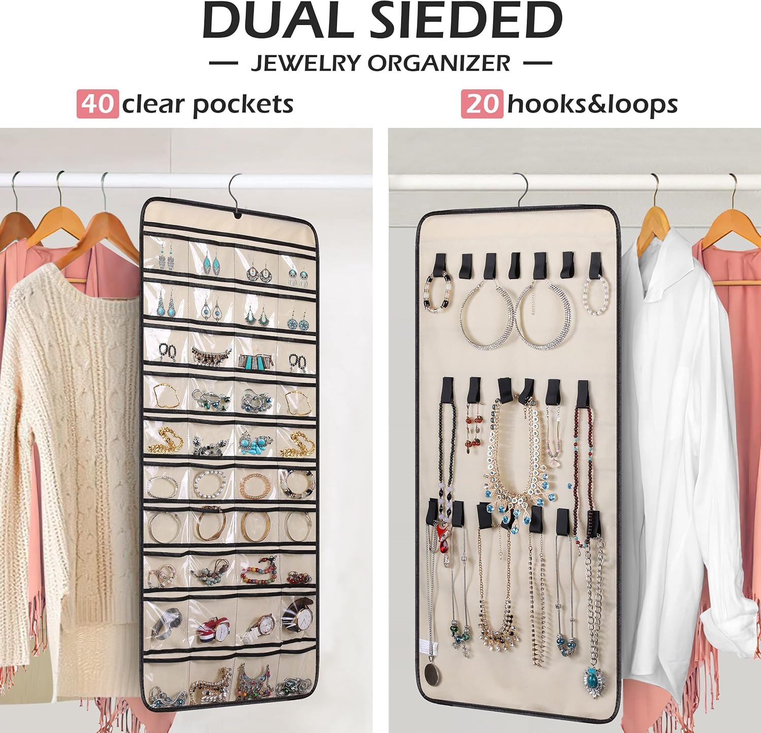 Private Label Dual-Sided Hanging Jewelry Organizer with 40 Pockets and 20 Hook & Loops Custom Logo Closet Necklace Holder for Earrings Bracelets Rings Chains with Rotating Hanger Beige Manufacturer