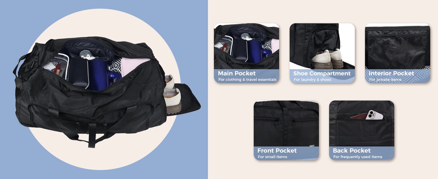 Custom Logo 65L Duffel Bag with Shoes Compartment Private Label Foldable Travel Duffel for Men Women Large Packable Water Repellent & Tear Resistant from Supplier Black