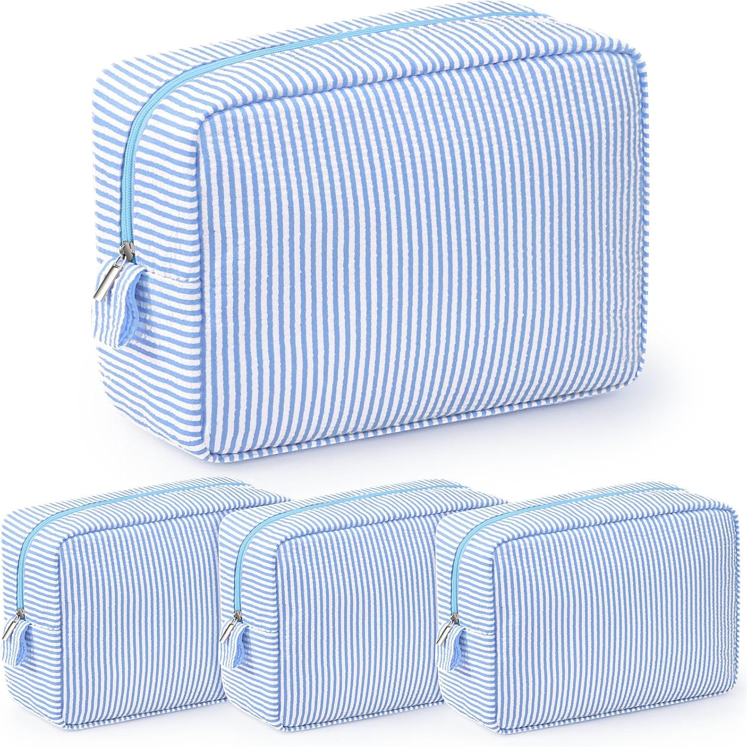 Custom Logo 3 Pcs Seersucker Striped Large Makeup Cosmetic Bags for Women Travel Toiletry Organizer Preppy Private Label Storage Pouch for Embroidery Wedding Bridesmaid Gifts Manufacturer (Light Blue)