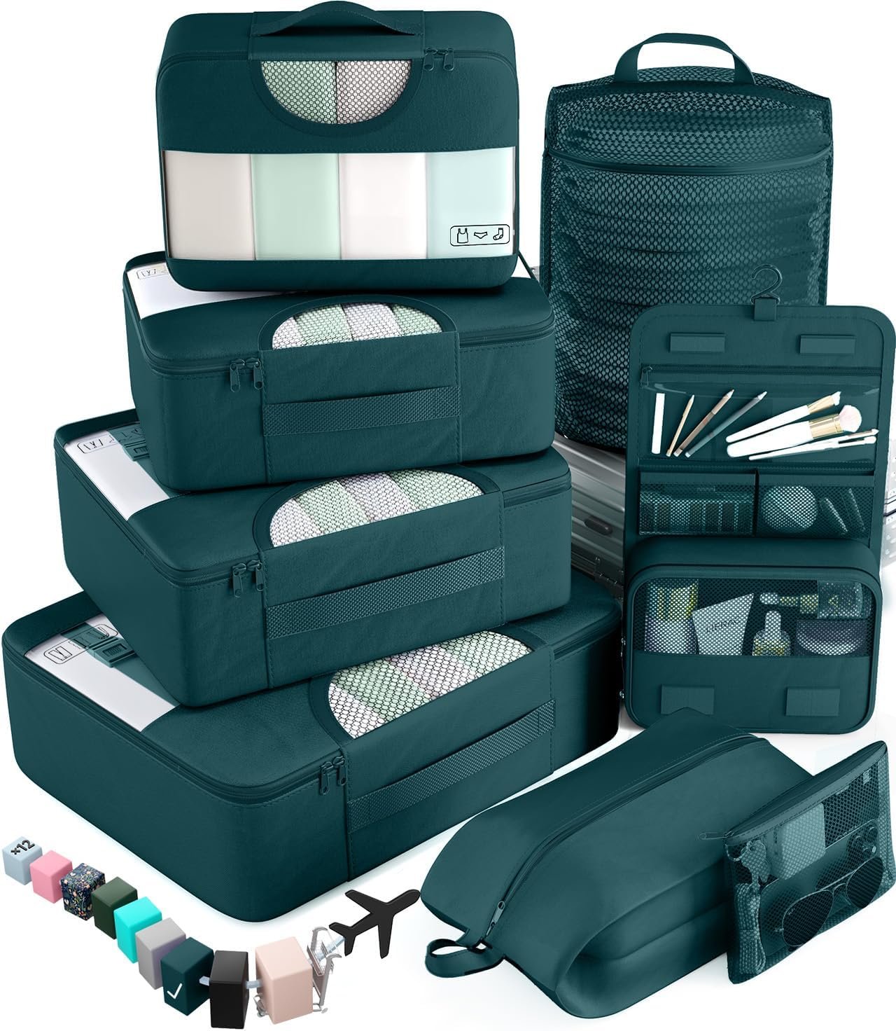 Custom Logo 8 Set Packing Cubes for Travel Essentials Private Label Suitcase Organizer Bags in 4 Sizes Carry-On Luggage Accessories with Large Laundry and Hanging Toiletry Bag Manufacturer Must-Have for Airplane Road Trip Camping