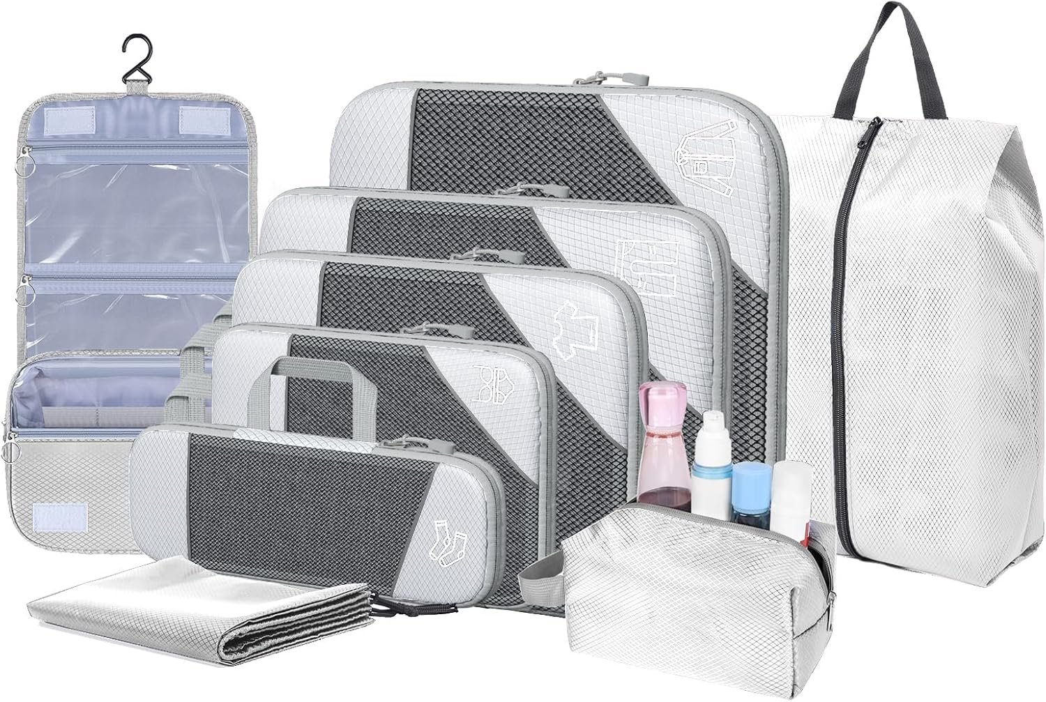 Custom Logo 9-Set Packing Cubes with Hanging Bag | Private Label 9-Size Combination Mesh Fabric & Reflective Stripe | Travel Luggage Organizers Factory (Beige)