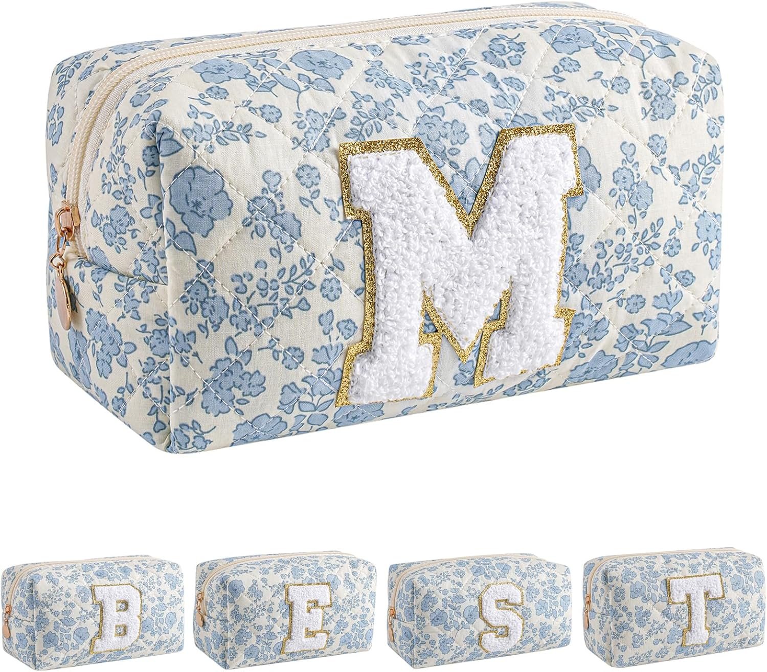 Custom Logo Alphabet Floral Makeup Cosmetic Bag for Women Christmas Gifts Girls Age 6-18 Private Label Coquette Travel Toiletry Zipper Pouch Organizer Factory (Blue Floral M)