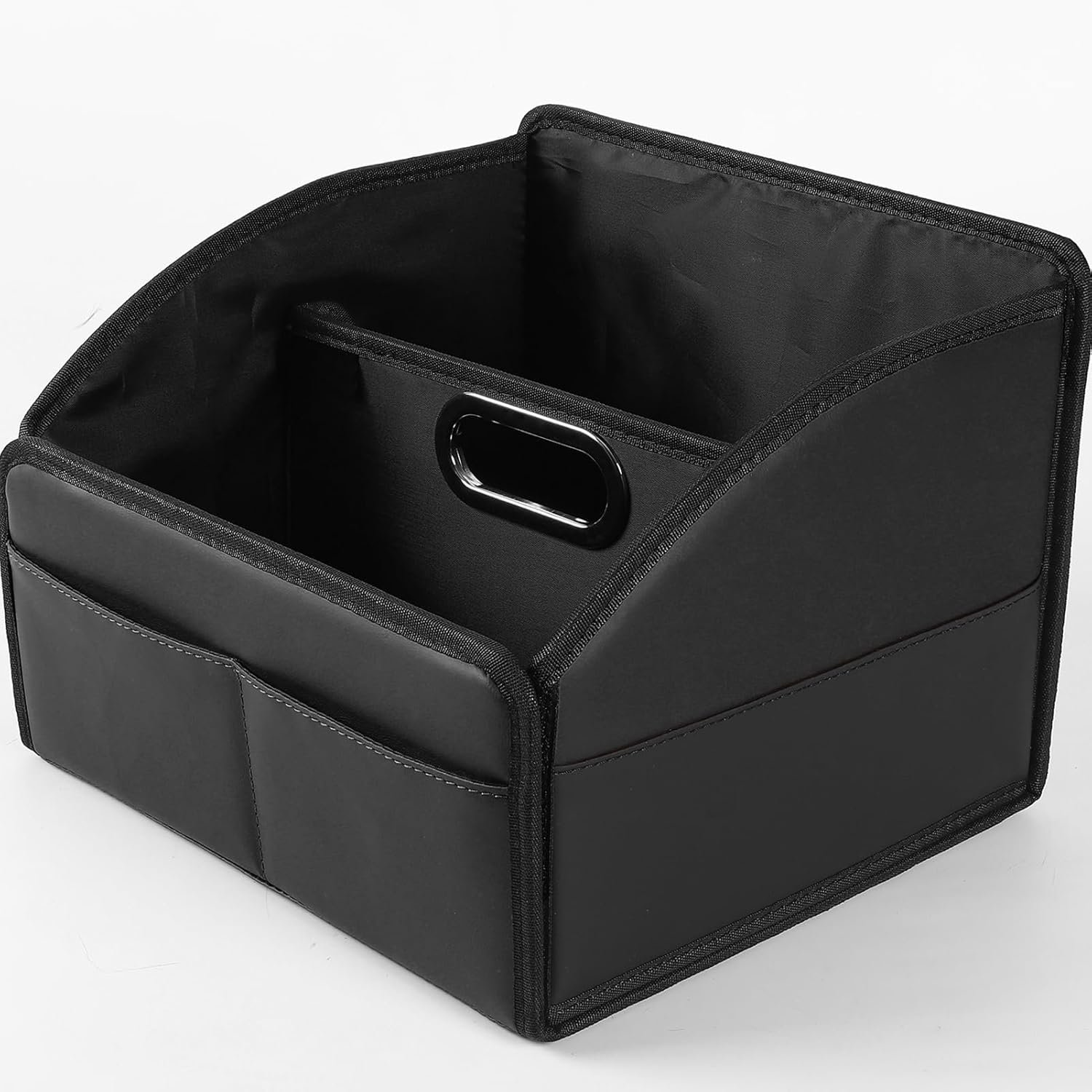Custom Logo Car Storage Organizer 2025 Updated Leather Car Caddy Basket for Front Seat Floor Back Seats Metal Handle 6 Compartments Private Label Adjustable Strap Buckles Slip-Resistant Black Manufacturer