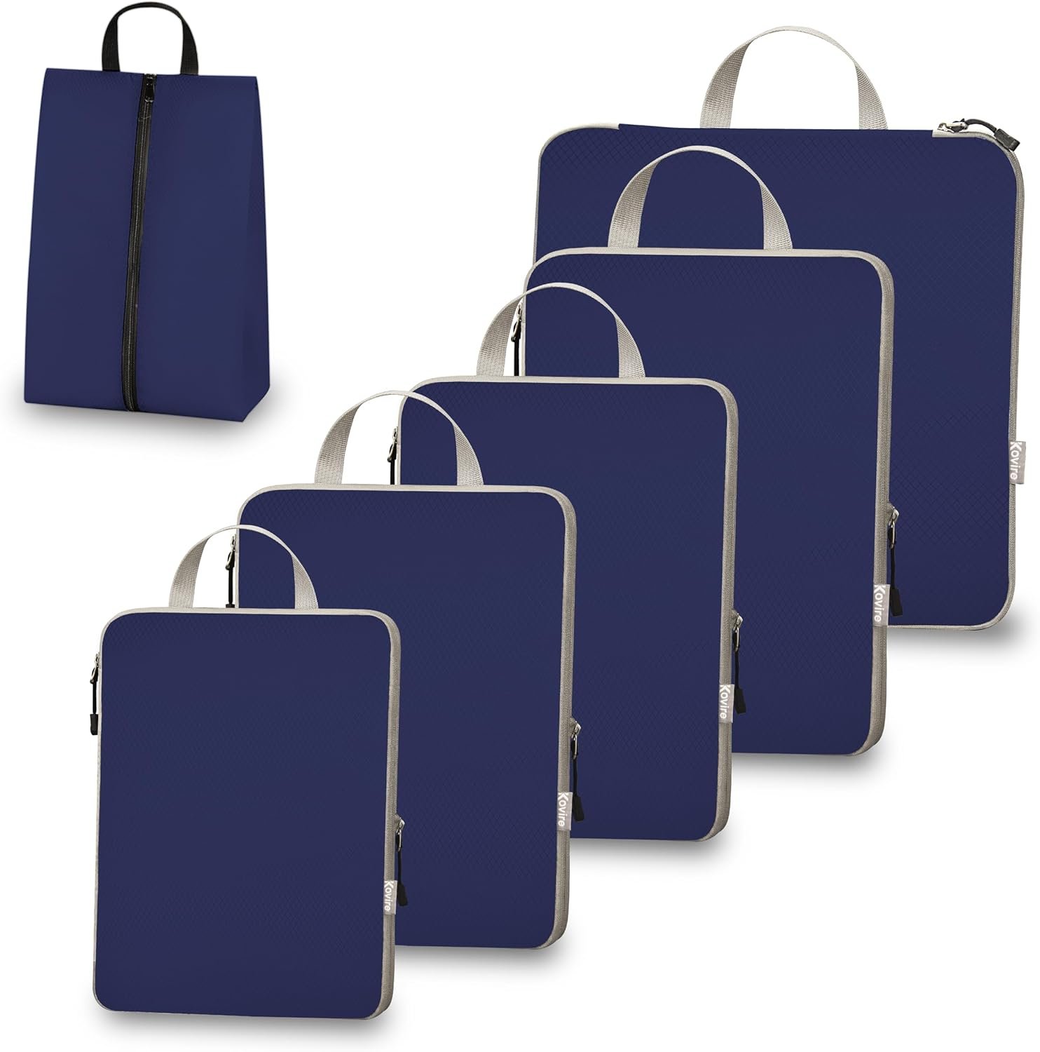 Custom Logo Compression Packing Cubes for Travel Set of 6 Expandable Private Label Luggage Organizers with Shoe Bag Lightweight Water-Resistant Manufacturer Suitcase Essentials for Carry-on & Checked Luggage Blue