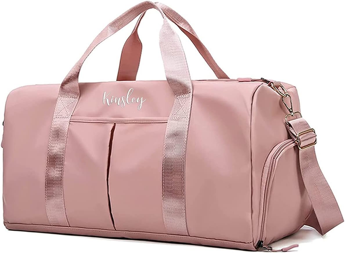 Custom Logo Embroidered Duffel Bag Sports Gym Travel with Private Label Wet Dry Pockets & Shoe Compartment Manufacturer Gift for Groomsman Bridesmaid (Pink)