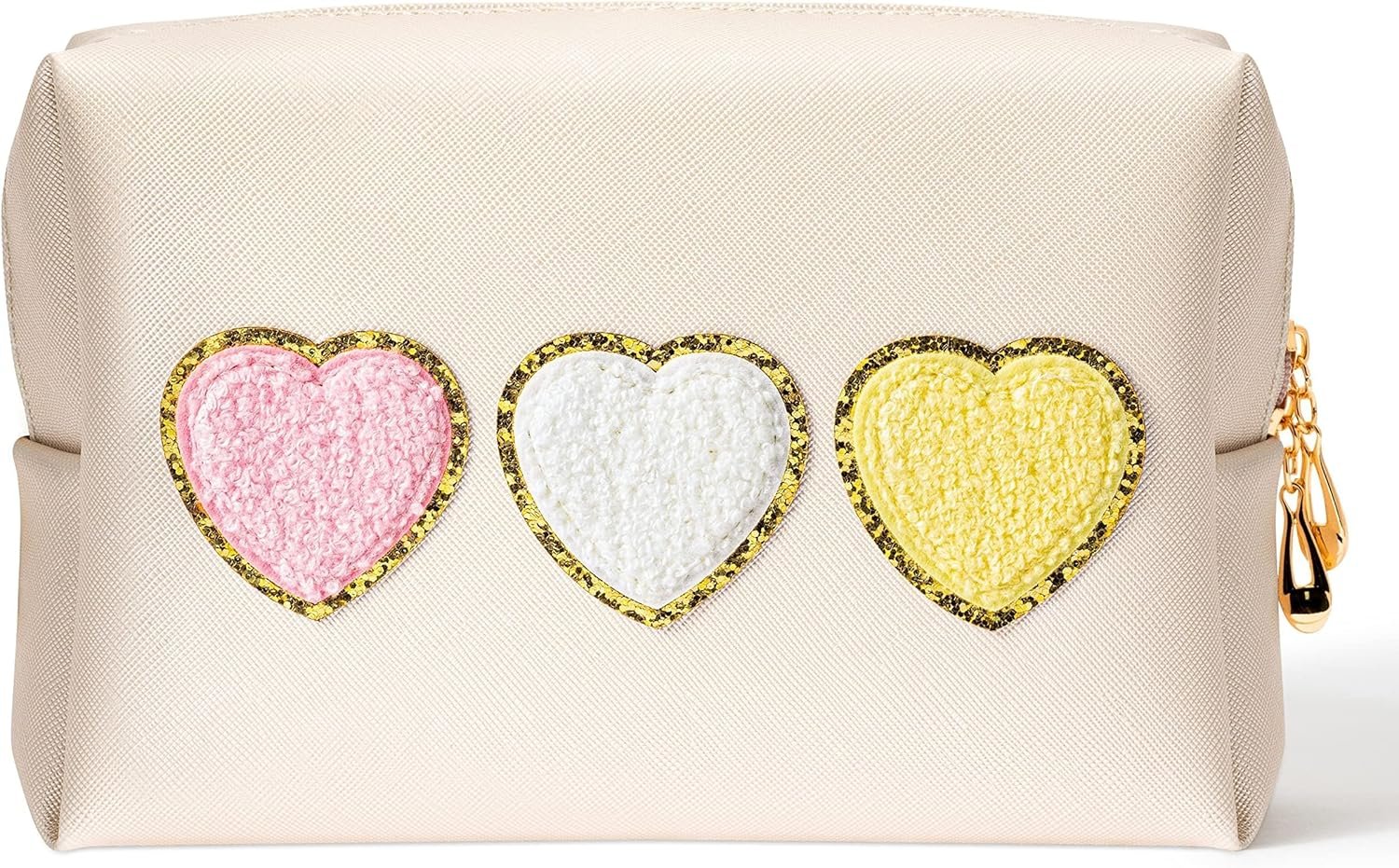 Custom Logo Heart PU Leather Makeup Cosmetic Toiletry Bag Private Label Preppy Patch Portable Waterproof Travel Shower Organizer Manufacturer Teacher Appreciation Birthday Gift for Women Girls