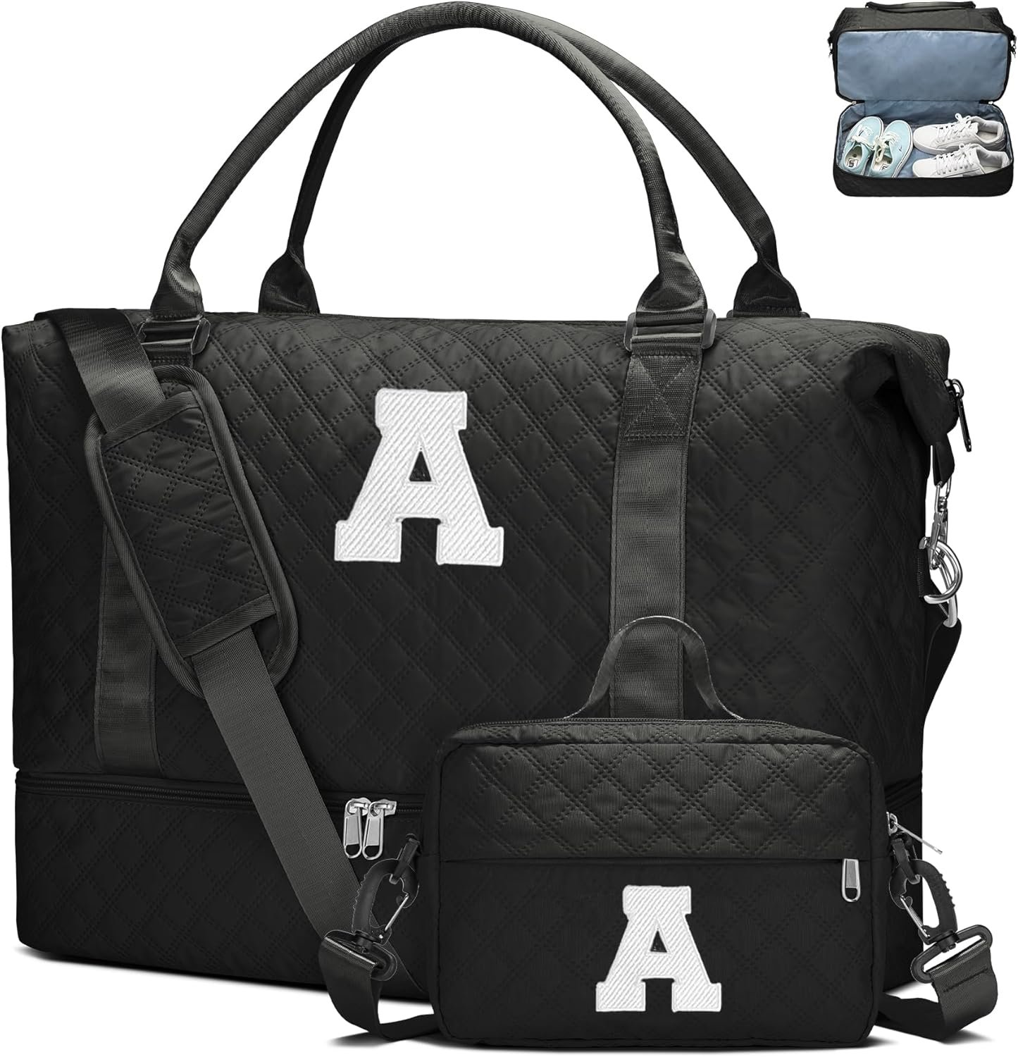 Custom Logo Initial Duffle Bag with Shoe Compartment, Private Label Personalized Weekender Overnight Gym Bag for Women and Girls with Toiletry Bag Manufacturer