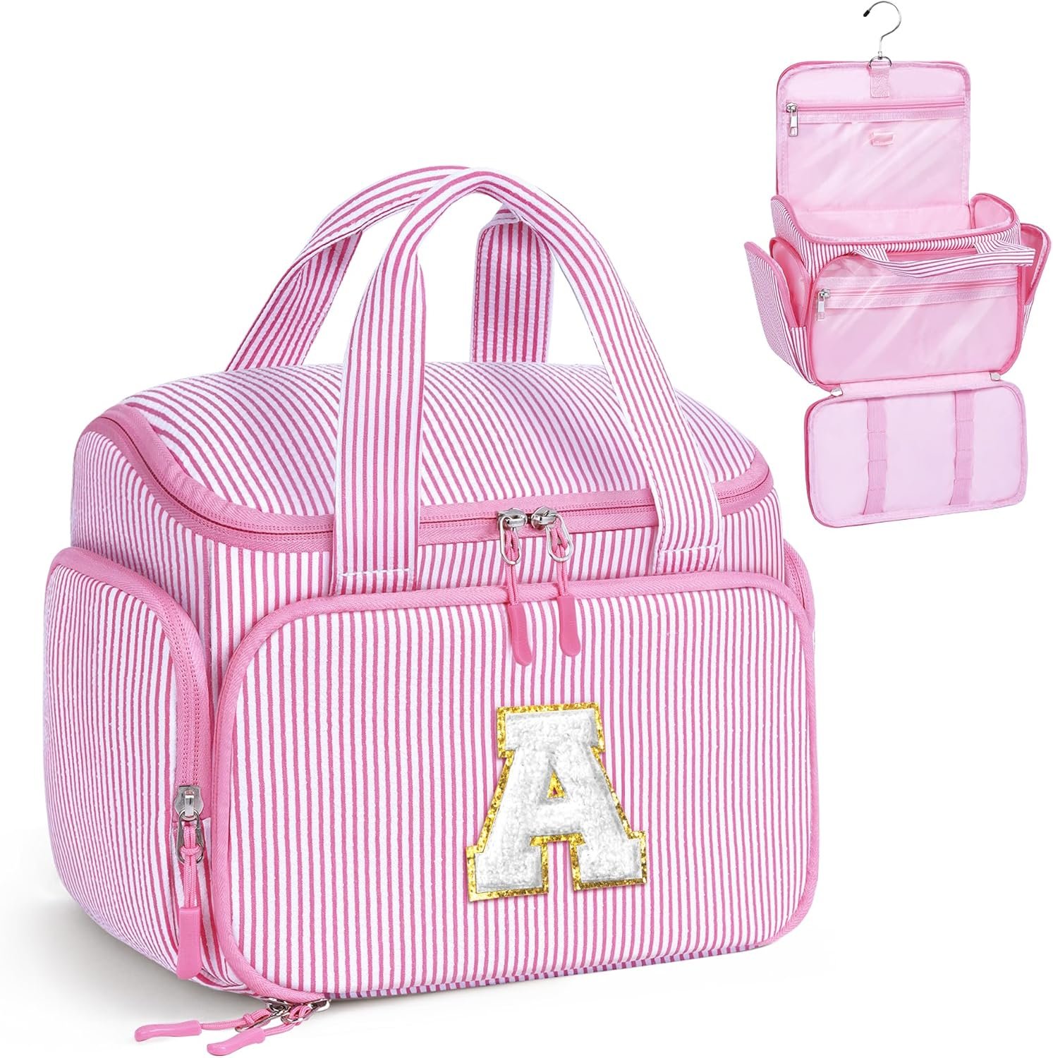 Custom Logo Initial Hanging Travel Toiletry Bag for Women Teen Girls Pink (A), Private Label Easter Birthday Gifts for 10 11 12 13 14 15 16 17 Year Old Girls, Factory Direct