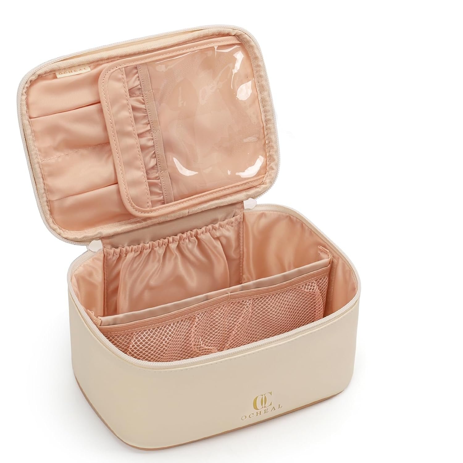 Custom Logo Large Capacity Beige Travel Makeup Organizer Bag Private Label Cosmetic Toiletry Bag for Women Girls with Brush Slot and Divider Manufacturer White