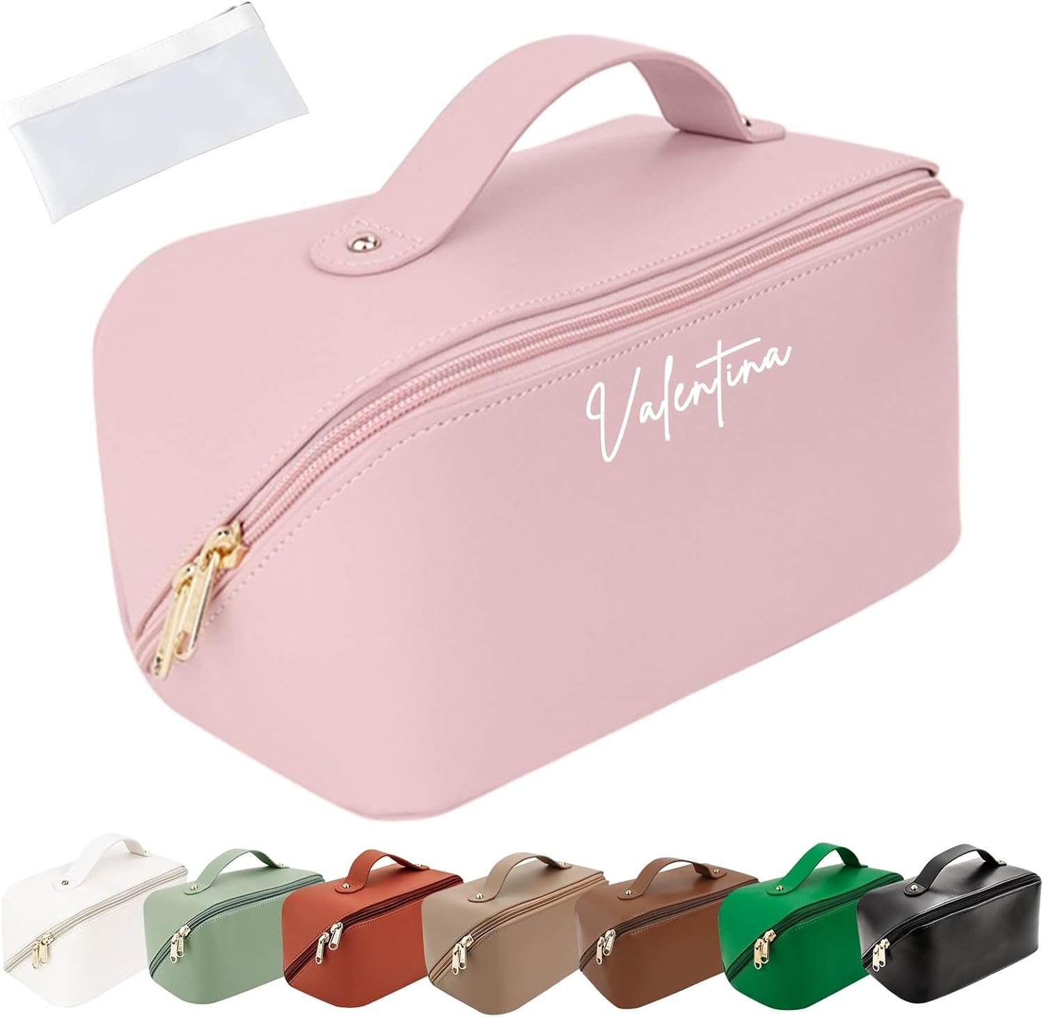 Custom Logo Large Capacity Personalized Travel Makeup Bag Factory Customized PU Leather Cosmetic Toiletry Bag for Women with Printed Name Initials Wide Open Portable Pouch Divider Handle Private Label Mothers Day Gift