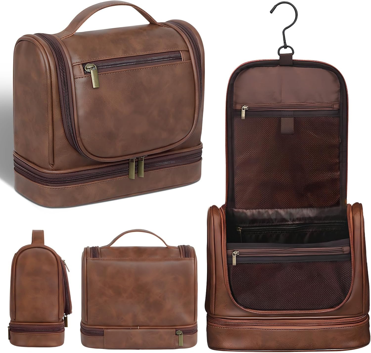 Custom Logo Leather Hanging Travel Toiletry Bag for Men and Women Private Label Waterproof Organizer with Separate Compartments Travel Kit for Gym Camping Men's Gift (Dark Brown) from Factory