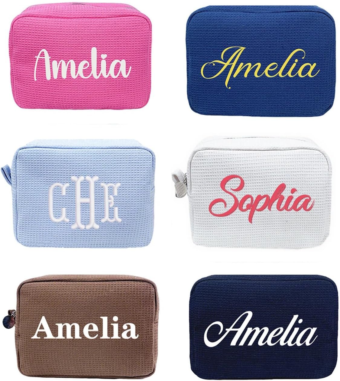Custom Logo Personalized Embroidered Waffle Cosmetic Bags, Private Label Thickened Beauty Makeup Travel Pouches for Women Girls, Aesthetic Toiletry Cases by Manufacturer for Bridal Bridesmaid Birthday Wedding Gifts