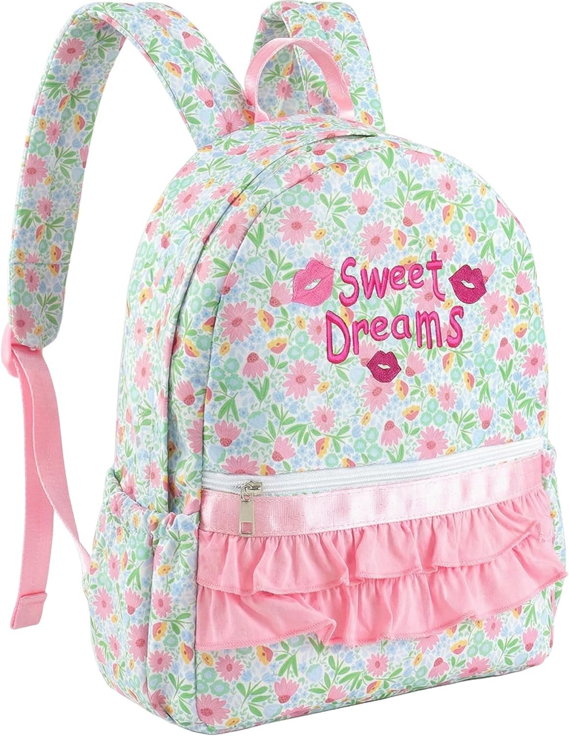 Custom Logo Personalized Girls Ruffle Backpack with Name Embroidery Private Label 14 Inch Cute Floral Kindergarten Bookbag for Kids Preschool Daypack Manufacturer for Travel & School Pink Floral
