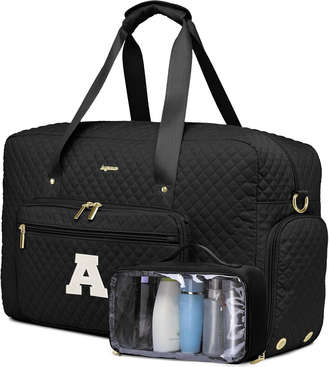 Custom Logo Personalized Travel Duffle Bags for Women Private Label Weekender with Shoe Compartment Toiletry Bag Overnight Hospital Black Letter A Manufacturer