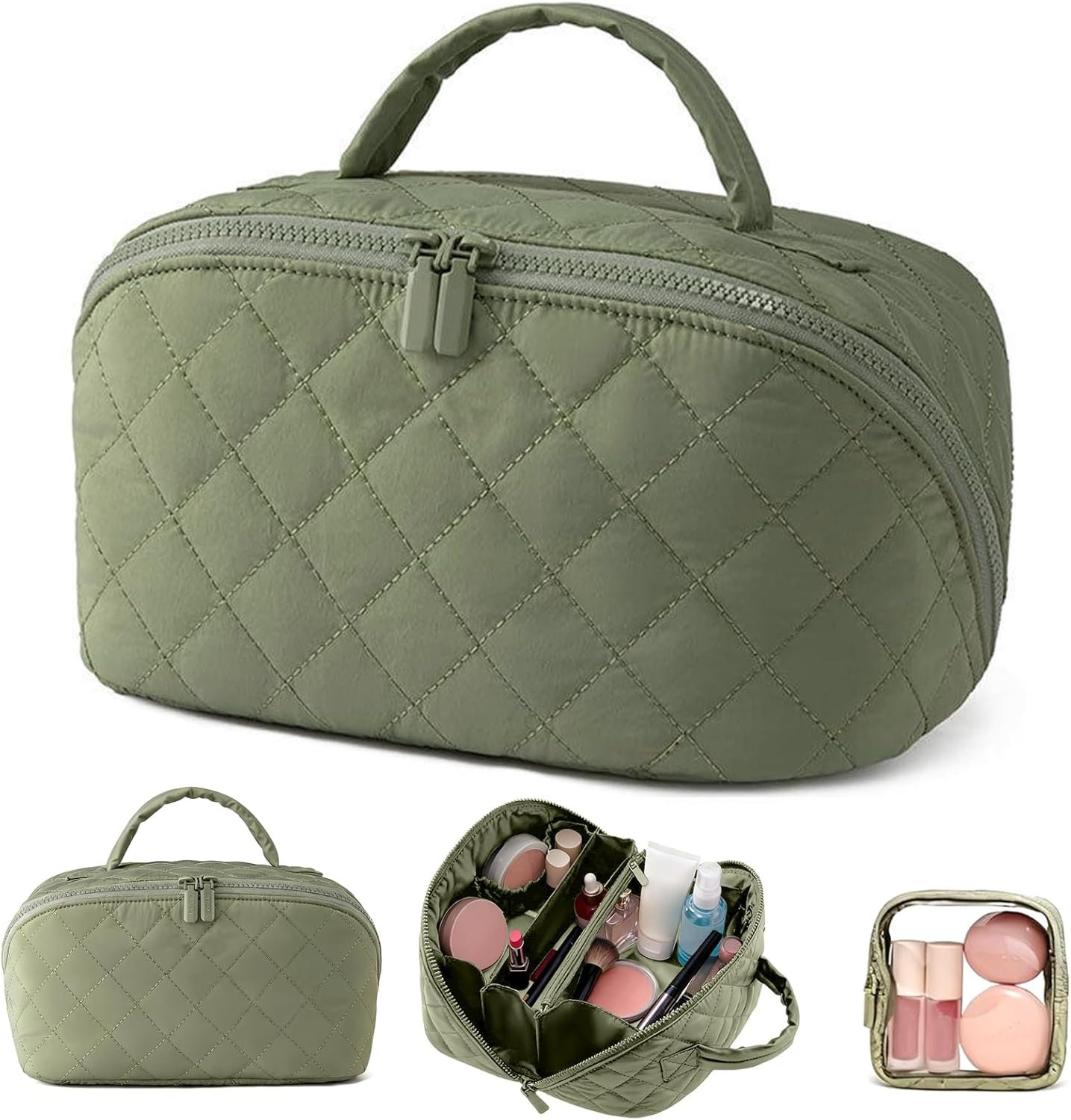 Custom Logo Quilted Makeup Bag | Private Label Cosmetic Organizer | Waterproof Travel Toiletry Pouch Manufacturer for Women (Green)