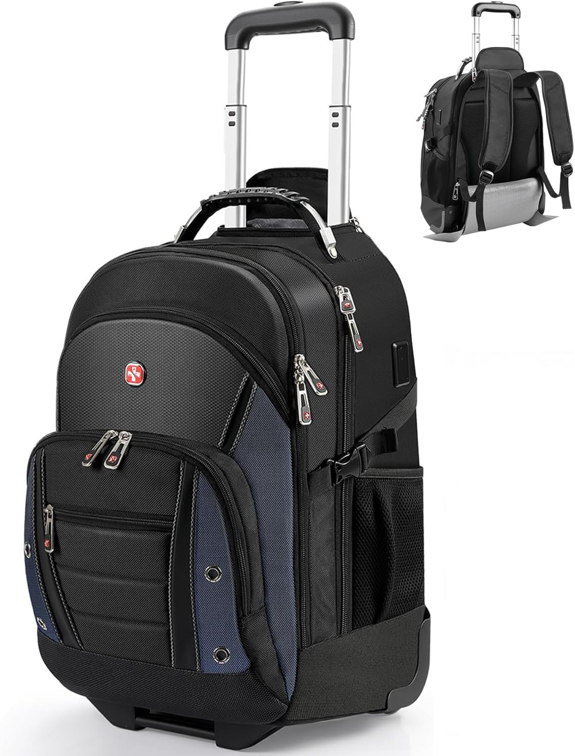 Custom Logo Rolling Wheeled Backpack with USB & Type-C Charging Port Private Label Water Resistant 21x14x9 Fits 17.3