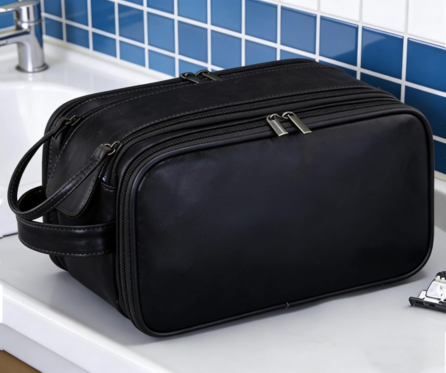 Custom Logo Waterproof Men's Makeup Cosmetic Travel Toiletry Bag Large Opening Bathroom Shaving Dopp Kit Private Label Vertical Free-Standing Large Capacity Storage Black Manufacturer
