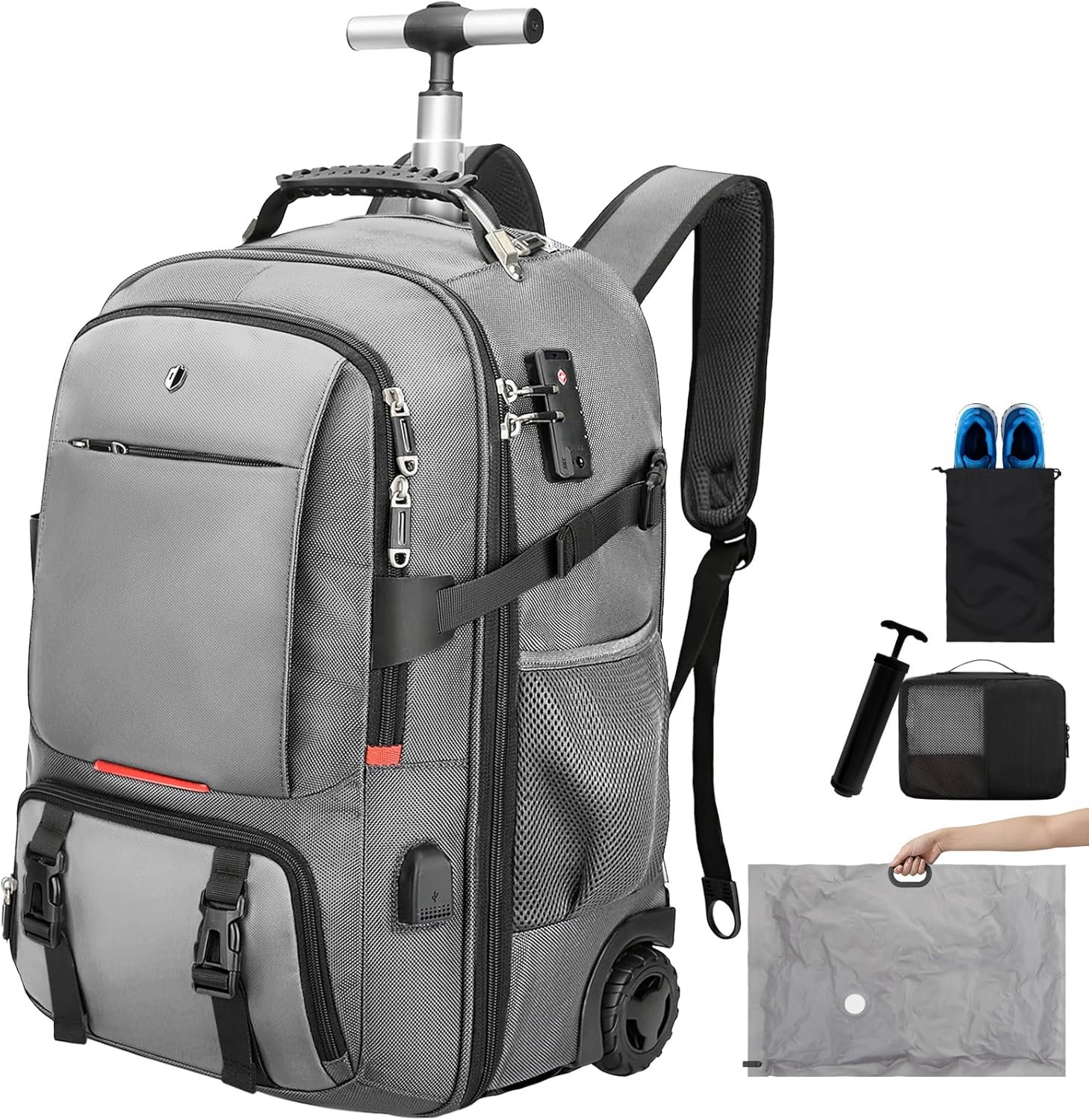 Custom Logo Wheeled Rolling Backpack with 2 Packing Cubes Compression Bags Laptop Compartment Private Label Water Resistant Luggage Suitcase for Air Travel Weekend Trips Manufacturer (Grey)