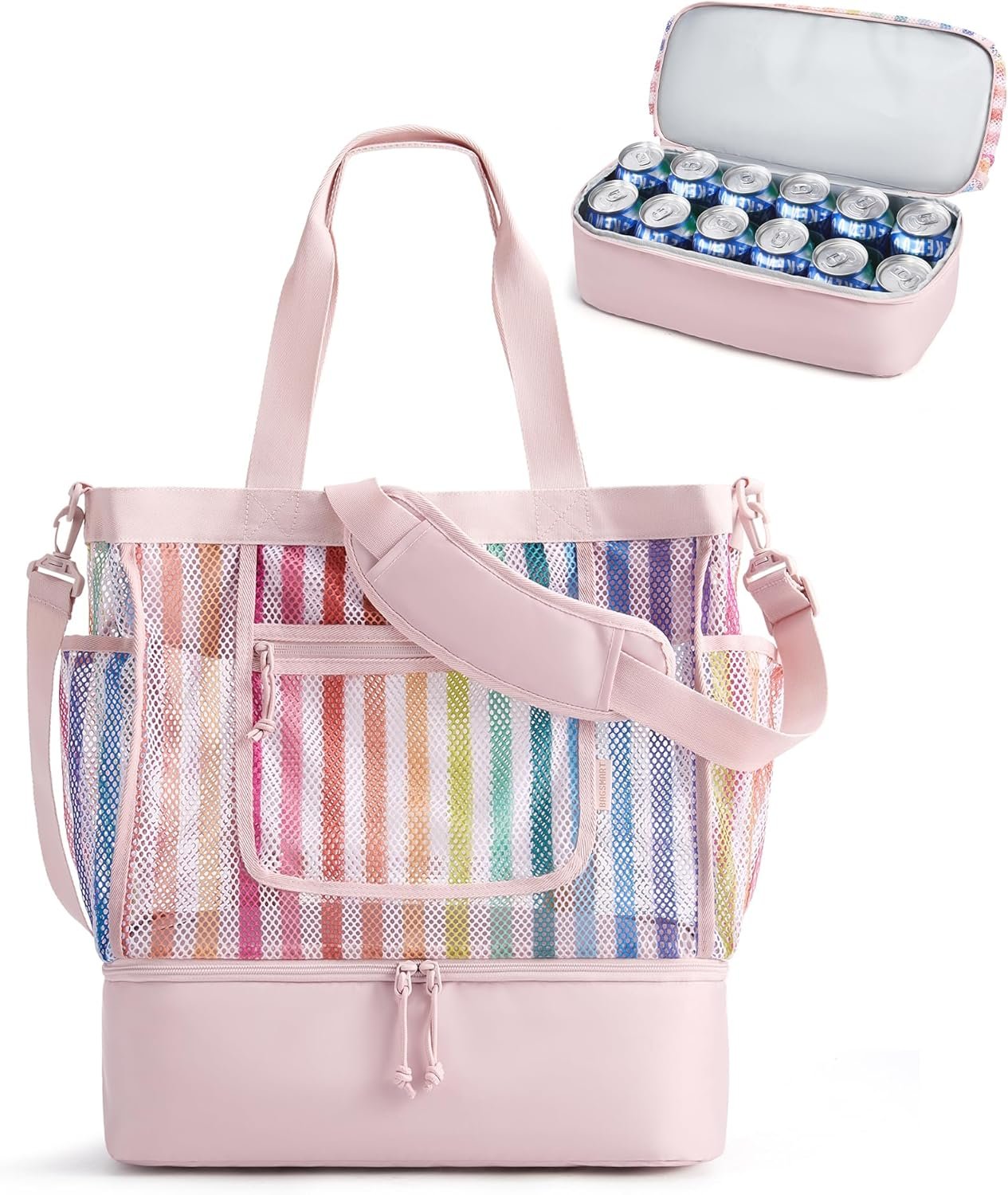 Custom Logo Women's Mesh Beach Tote Bag with Zipper Private Label Sandproof Cooler Manufacturer for Swim Cruise Pool Vacation