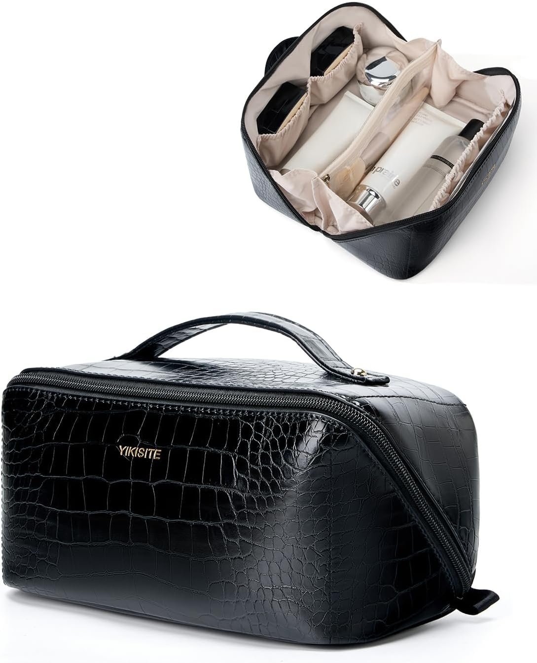 Factory Direct Makeup Bag Cosmetic Organizer for Women, Custom Logo Waterproof Croc Embossed PU Leather with Divider and Handle Toiletry Travel Bag Private Label Black