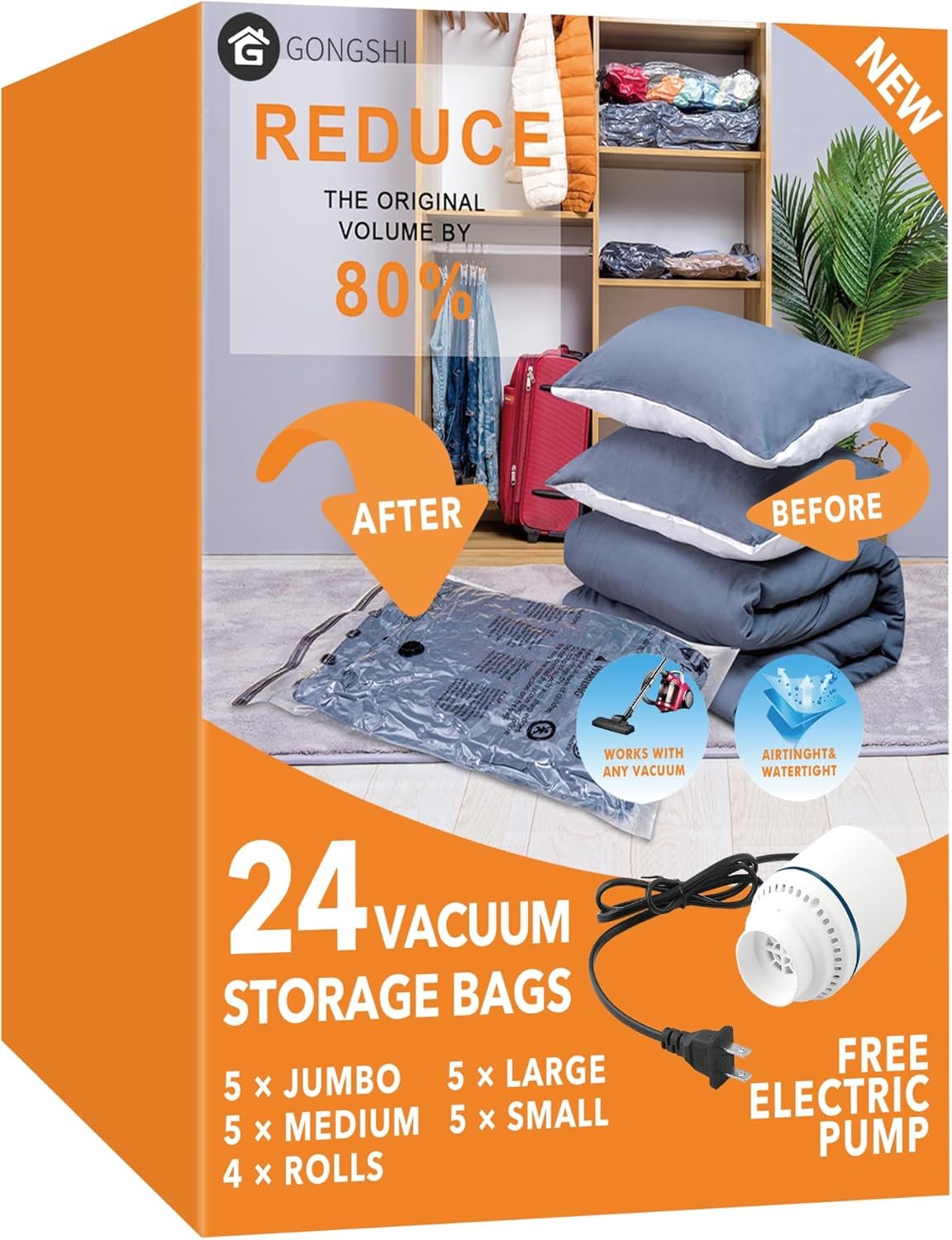 Factory Direct Vacuum Storage Bags, Private Label Space Saver Seal Bags for Clothing Blankets Comforters Pillows Travel Luggage, Custom Logo 24 Combo EPUMP
