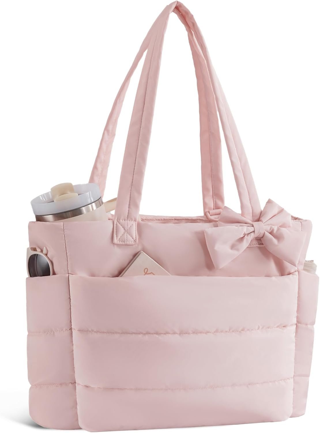 Factory Direct Women's Puffer Quilted Bow Tote Bag with Cup Holder Custom Logo 15.6 Inch Laptop Compartment Private Label for Work Travel Gym College