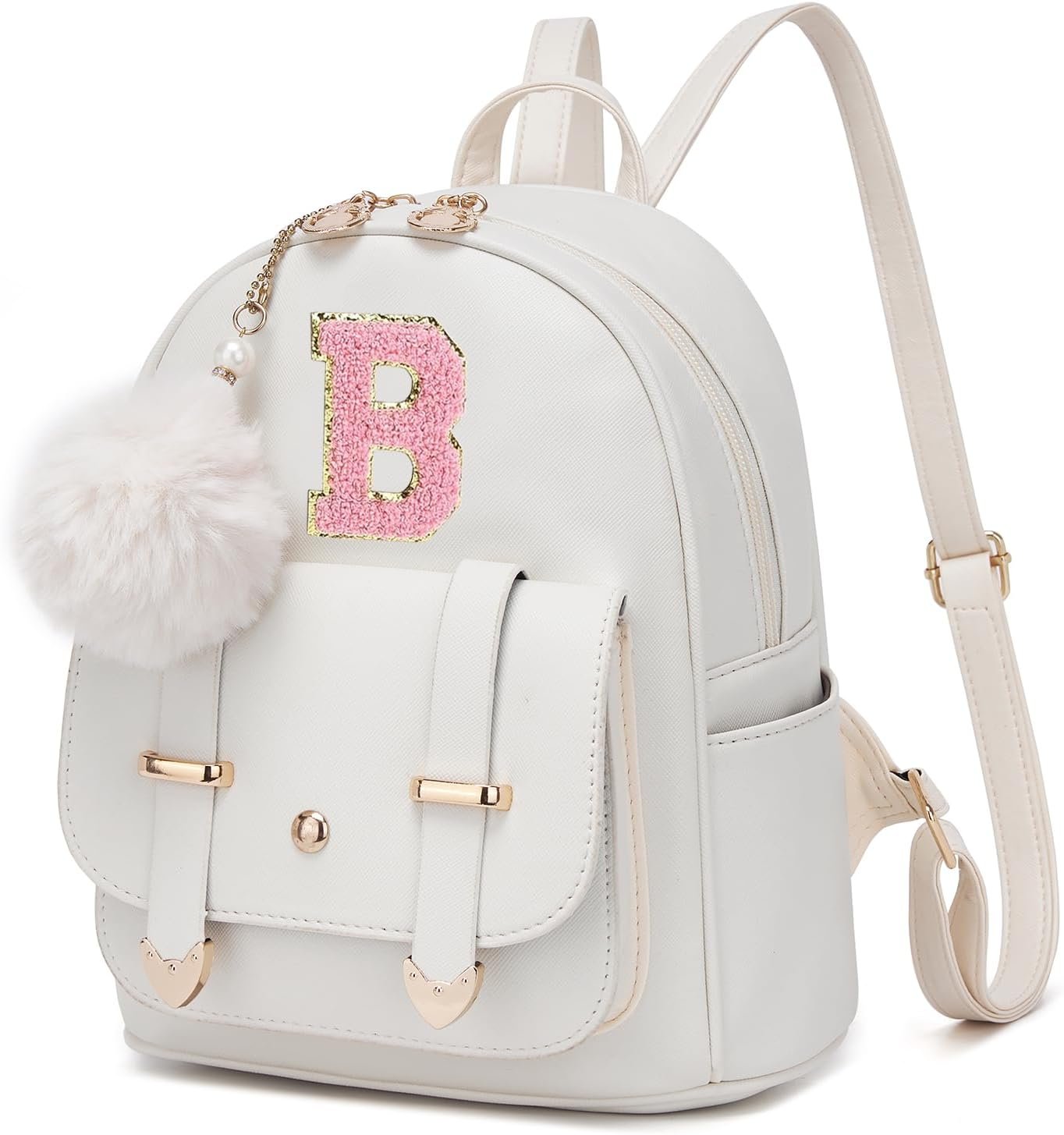 Manufacturer Direct Cute Mini Small Backpack Purse for Women Custom Logo Personalized Letter Leather Pompom Shoulder Bag Private Label - White Letter B