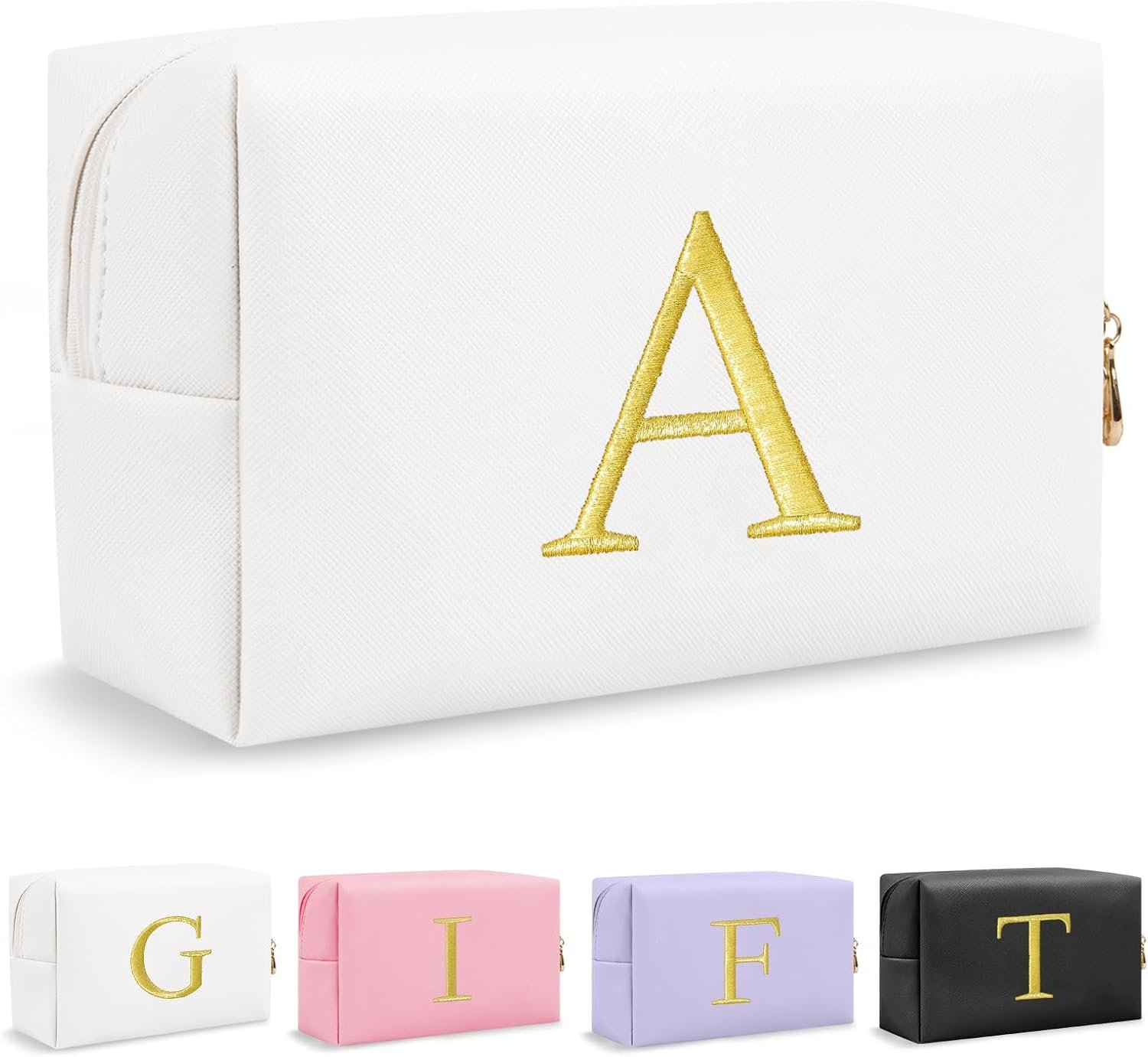 Manufacturer Personalized Initial Makeup Bag Preppy Gold Embroidered Letter Cosmetic Bag Private Label Small Travel Toiletry Bag Stocking Stuffers for Teen Girls Custom Logo Christmas Birthday Gift for Women Mom Kids (White-A)
