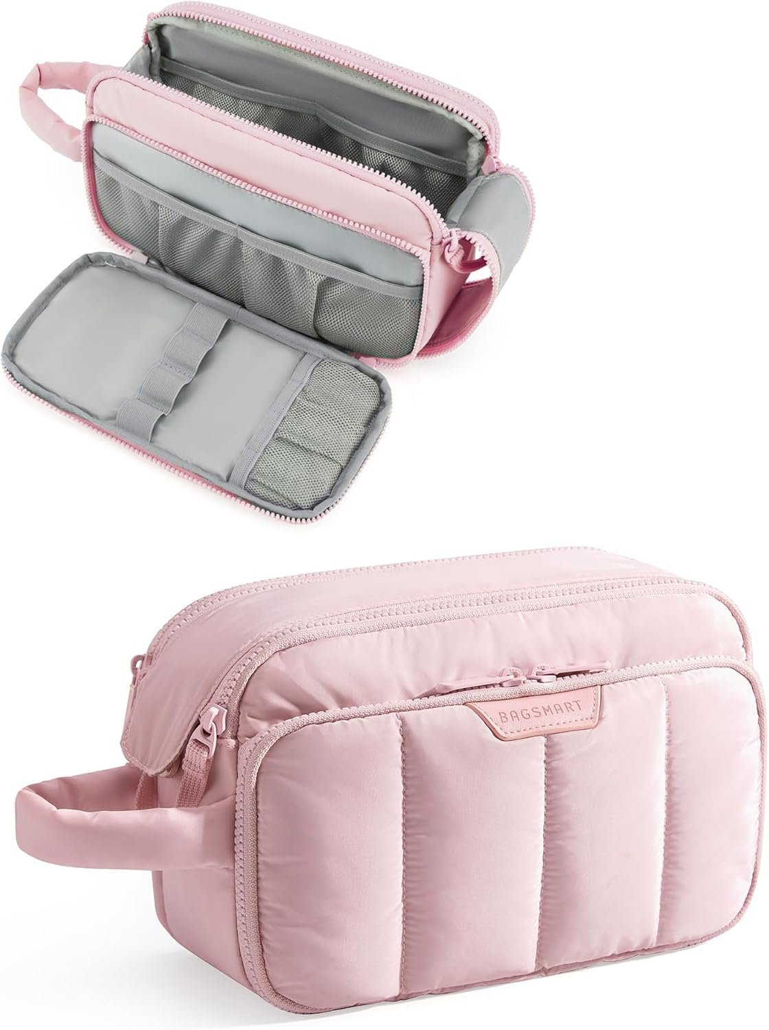 Manufacturer Puffy Travel Makeup Bag Organizer Private Label Cosmetic Case Custom Logo for Toiletries Bottles Brushes Pink