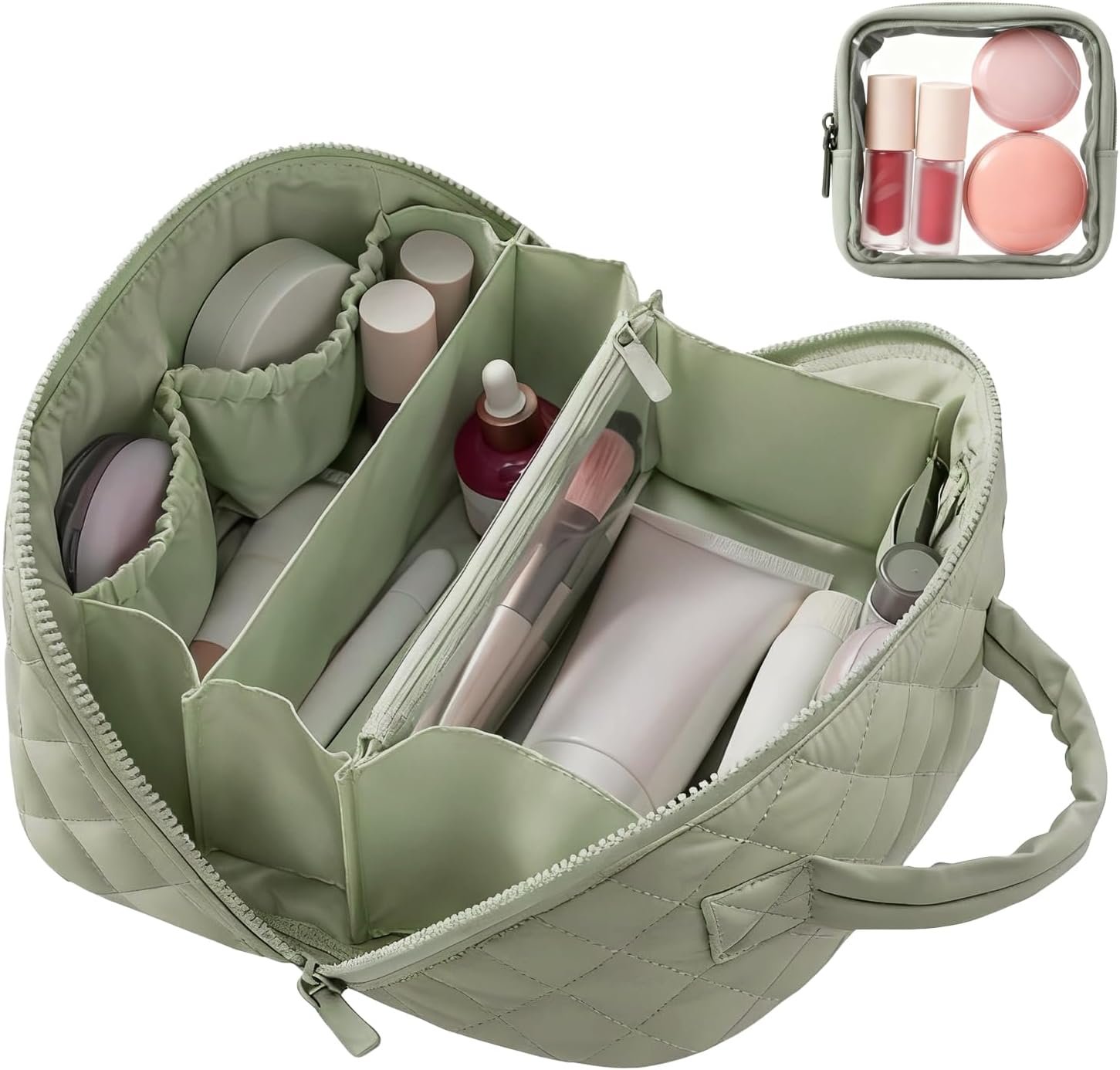 Manufacturer of Puffy Padded Makeup Bags, Custom Logo Waterproof Travel Toiletry Bags for Women, Private Label Cosmetic Organizer Wide-Open Pouch Purse (Green)